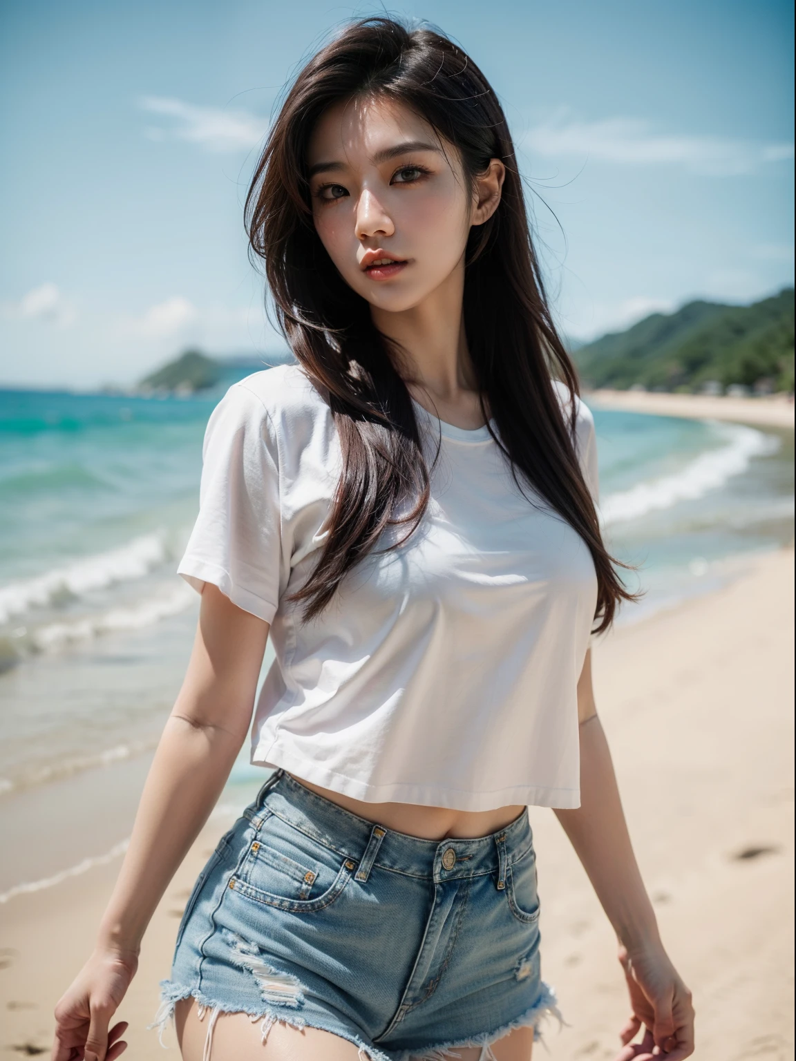 best quality,realistic,photorealistic:1.37,bluish colored,long-haired,korean woman,white shirt,denim shorts,strolling on the beach,gently tousled hair,detailed face,devilish image