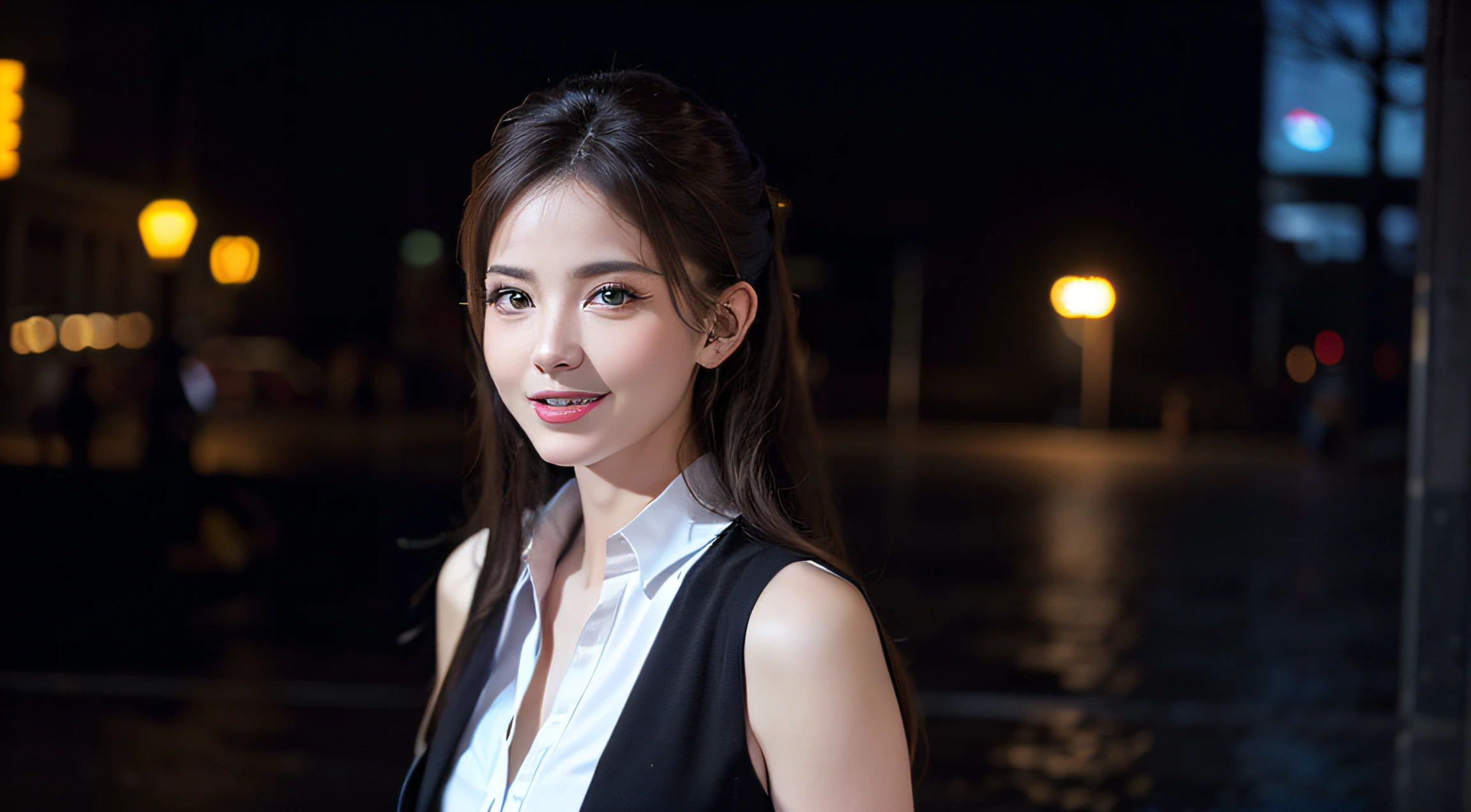 (photorealistic:1.4),(detailed eyes:1.3),(realistic, photo-realistic:1.37),(Medium view:1.5),(Half body),1girl,best quality,ultra-high res,Tokyo street,Vest,long Colour hair,waist,Smile,Slim,Night,