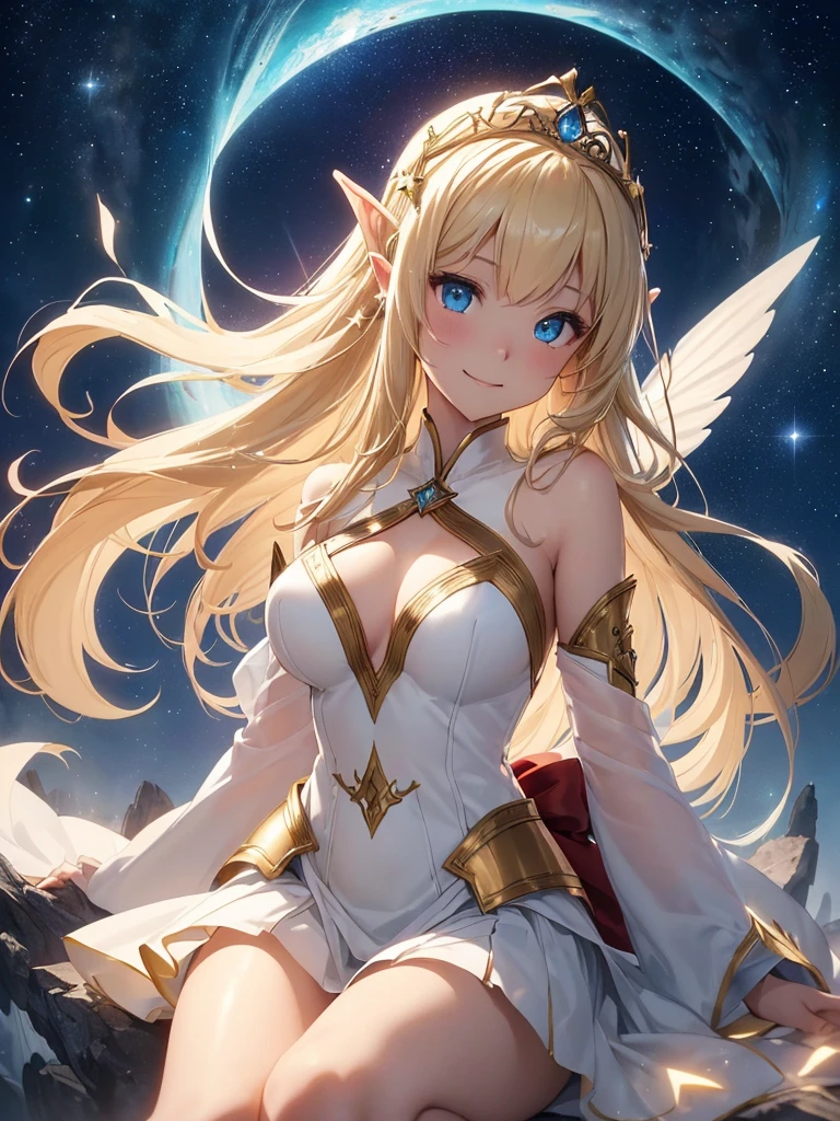 top-quality、Top image quality、masterpiece、Full body naked girl((20yr old、Best Bust、big bast、Bust 90,Beautiful blue eyes、,Blonde long hair、A slender、a closeup、Floating in the light、beautiful tiara、hiquality、Beautiful Art、Background with((starrysky)))masutepiece、visualart、depth of fields、kosmos、low angles、、Elven ears、、light magic、mid night、harp melody🎵、Happy smile、Gentle light、Emitting a magical light、、Beautiful skins、beutiful breast、beautiful foot、welcome、、accurate fingers、Exact finger count、nffsw,Beautiful armor、doress、Obi Ken、the bow、bow and arrow、Mystical floating、jumpping