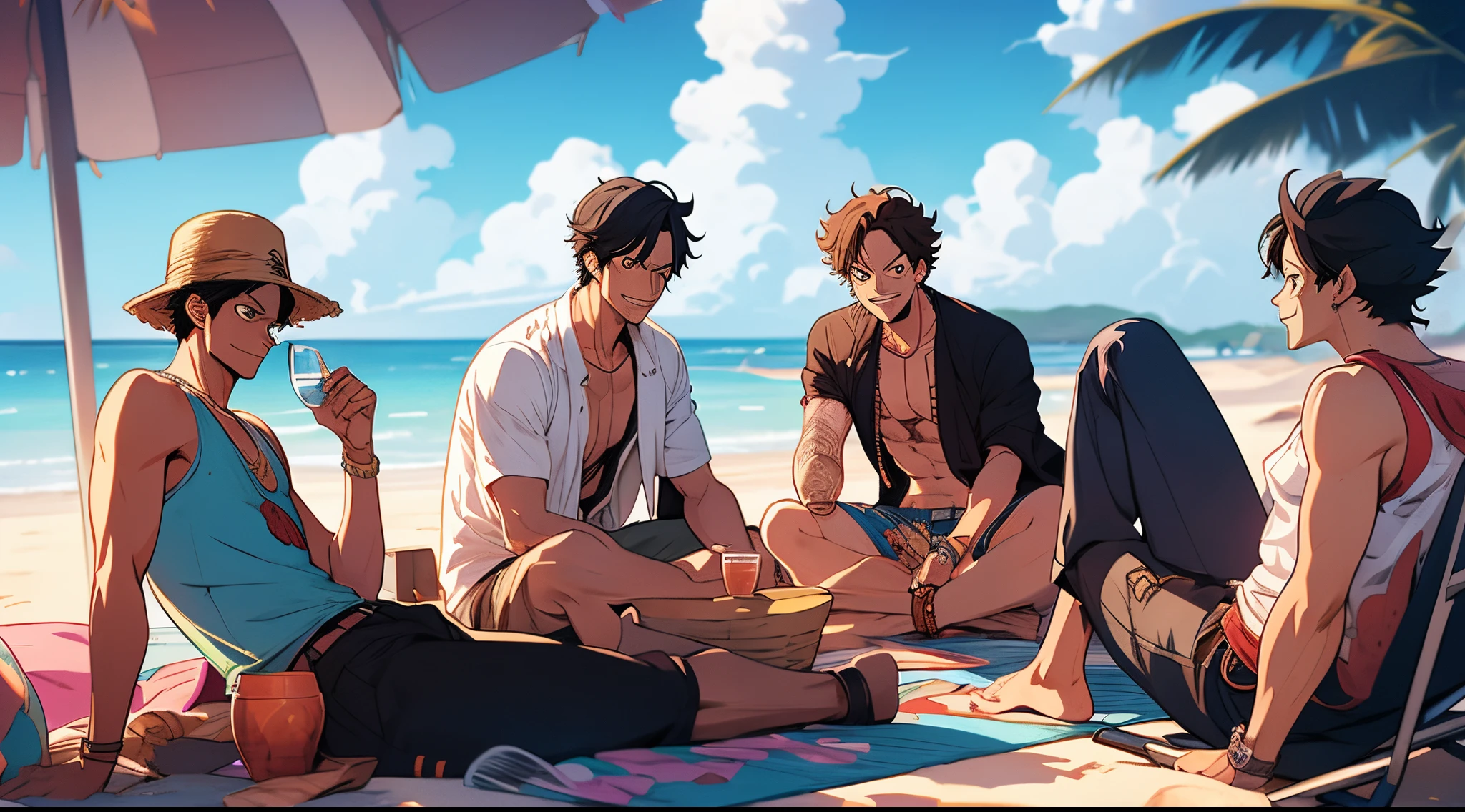 Vice City, Sung Jin-Woo from Solo Leveling sits with Luffy from One Piece and Aster from Black Clover on the beach, digital art, A highly detailed, Manhwa style, Korean animation, Full color, three persons