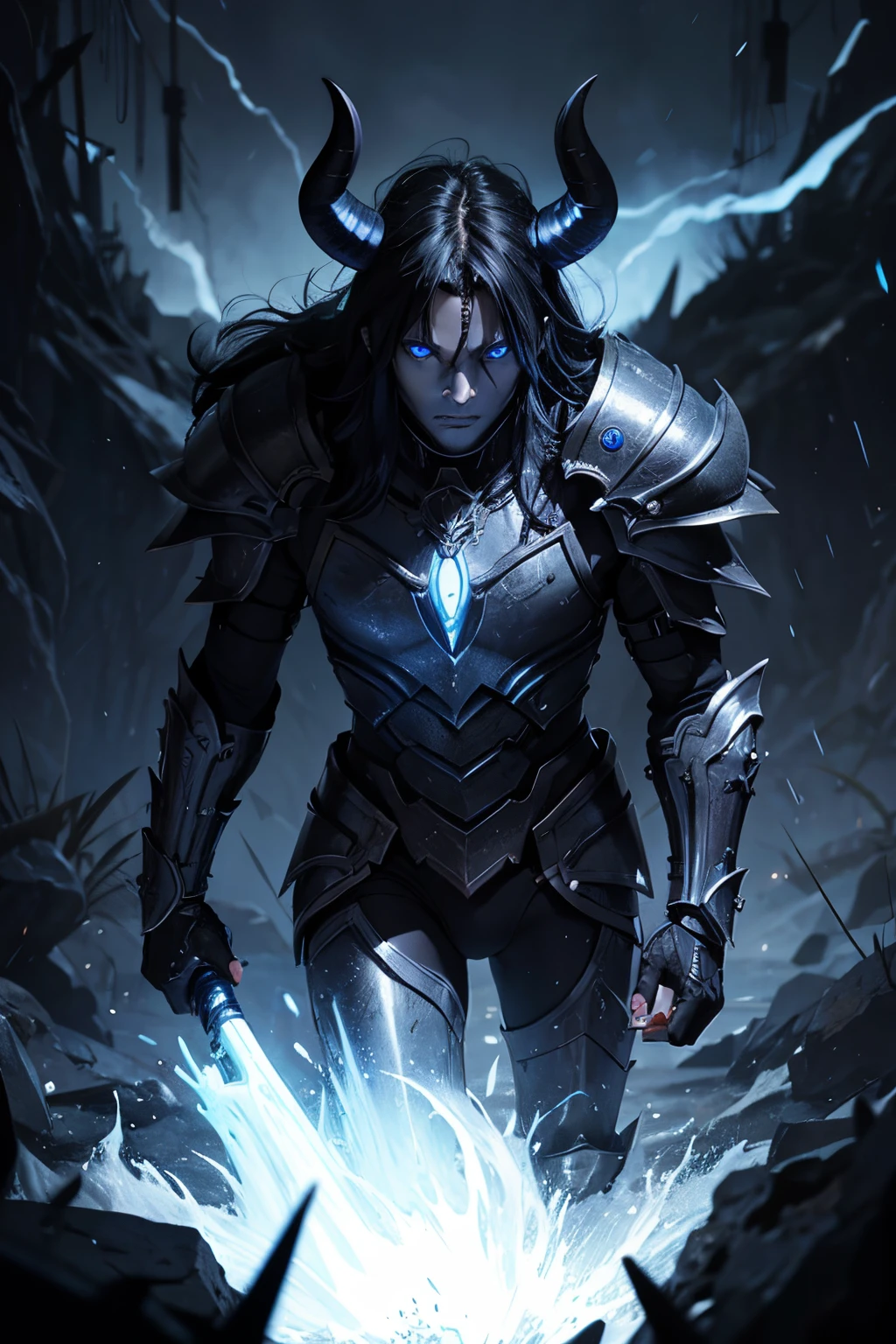 Male Demon,blue eye,black horn,dark blue skin,black armor