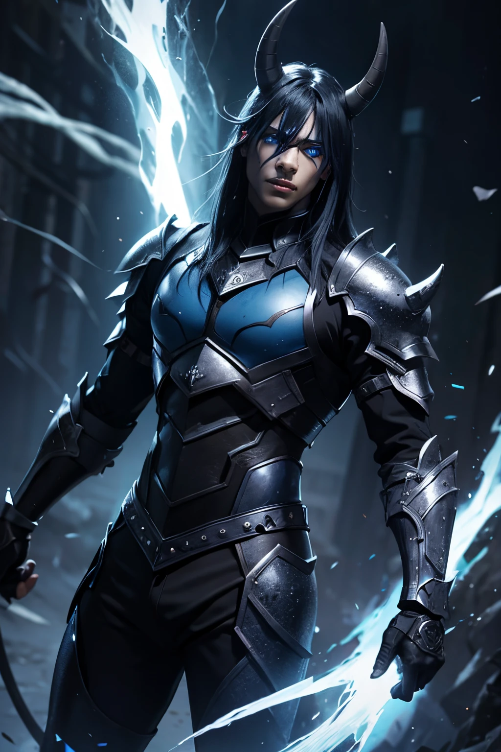 Male Demon,blue eye,black horn,dark blue skin,black armor