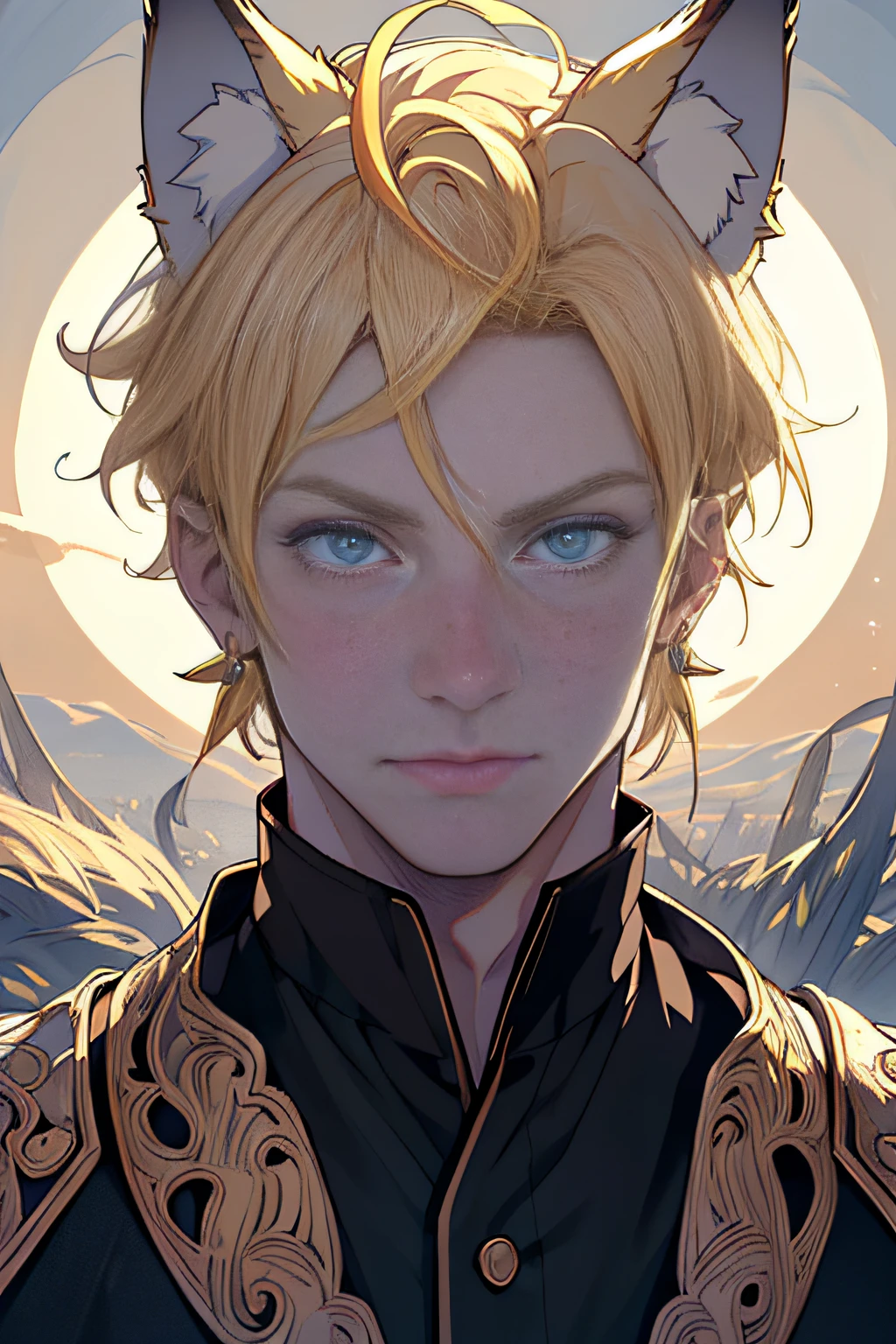 (best quality,highres,masterpiece:1.2),ultra-detailed,blonde man,golden crown,vibrantly colored eyes,dotted eyes,shimmering irises,bright pupils,long eyelashes,crescent moon-shaped earrings,wolf ears,serious expression,romanticism,backlighting,blend,film grain,pov,close-up,texture skin,high-resolution