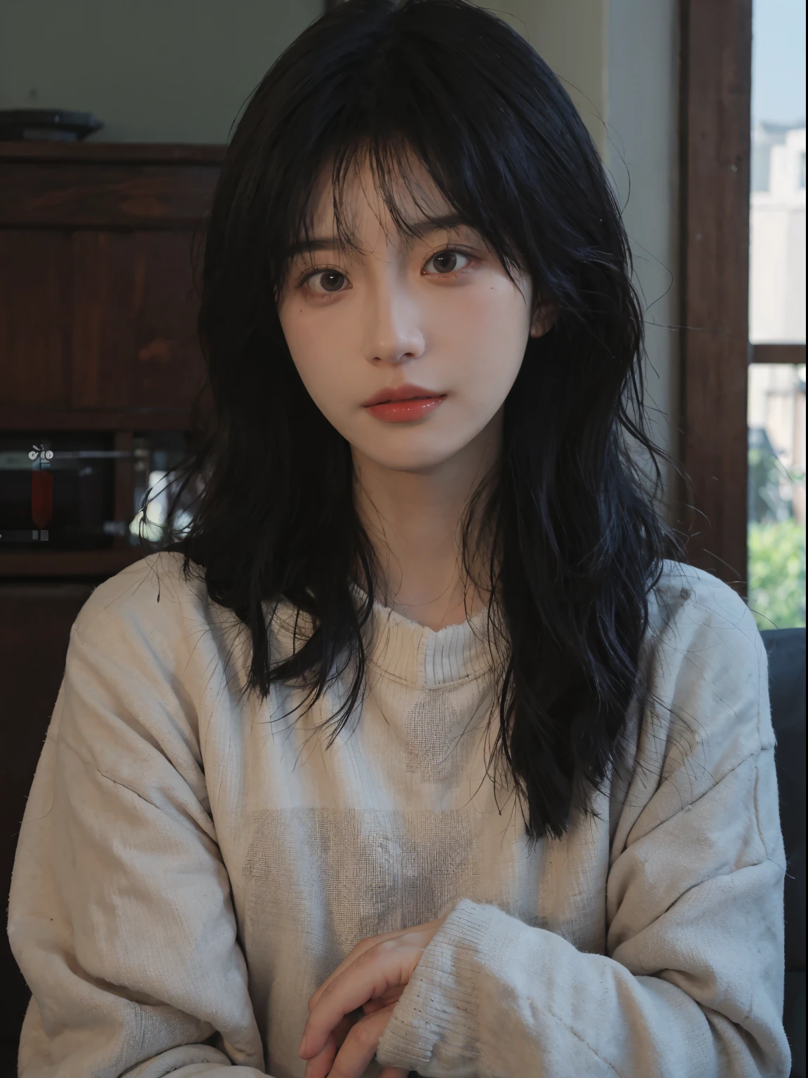 Best quality at best, 超高分辨率, (realistically:1.4), A woman with long black hair and a gray sweater,,under a ray of sunshine,She has black hair,through bangs, young lovely Korean faces, Cute Korean face, Urzans, Shin Jinying, beautiful aesthetic face, Korean facial features, Played by Liu Li Zhien ,beautiful realistic face