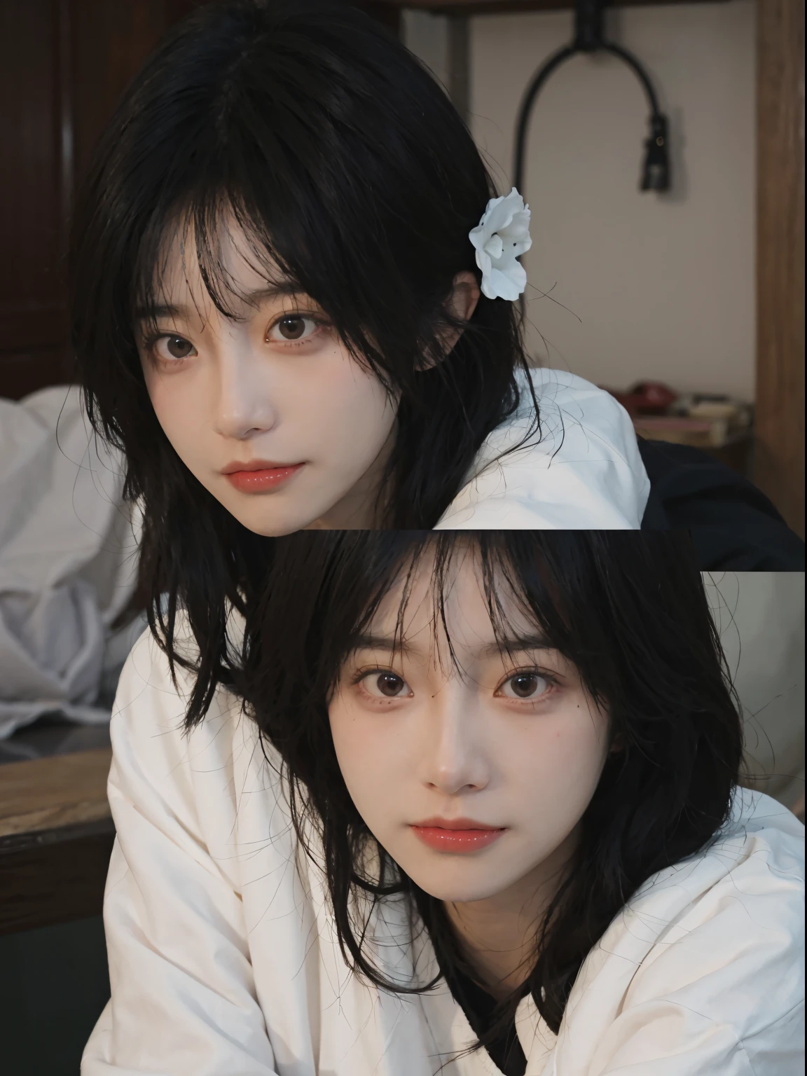 Best quality at best, 超高分辨率, (realistically:1.4), A woman with long black hair and a gray sweater,,under a ray of sunshine,She has black hair,through bangs, young lovely Korean faces, Cute Korean face, Urzans, Shin Jinying, beautiful aesthetic face, Korean facial features, Played by Liu Li Zhien ,beautiful realistic face