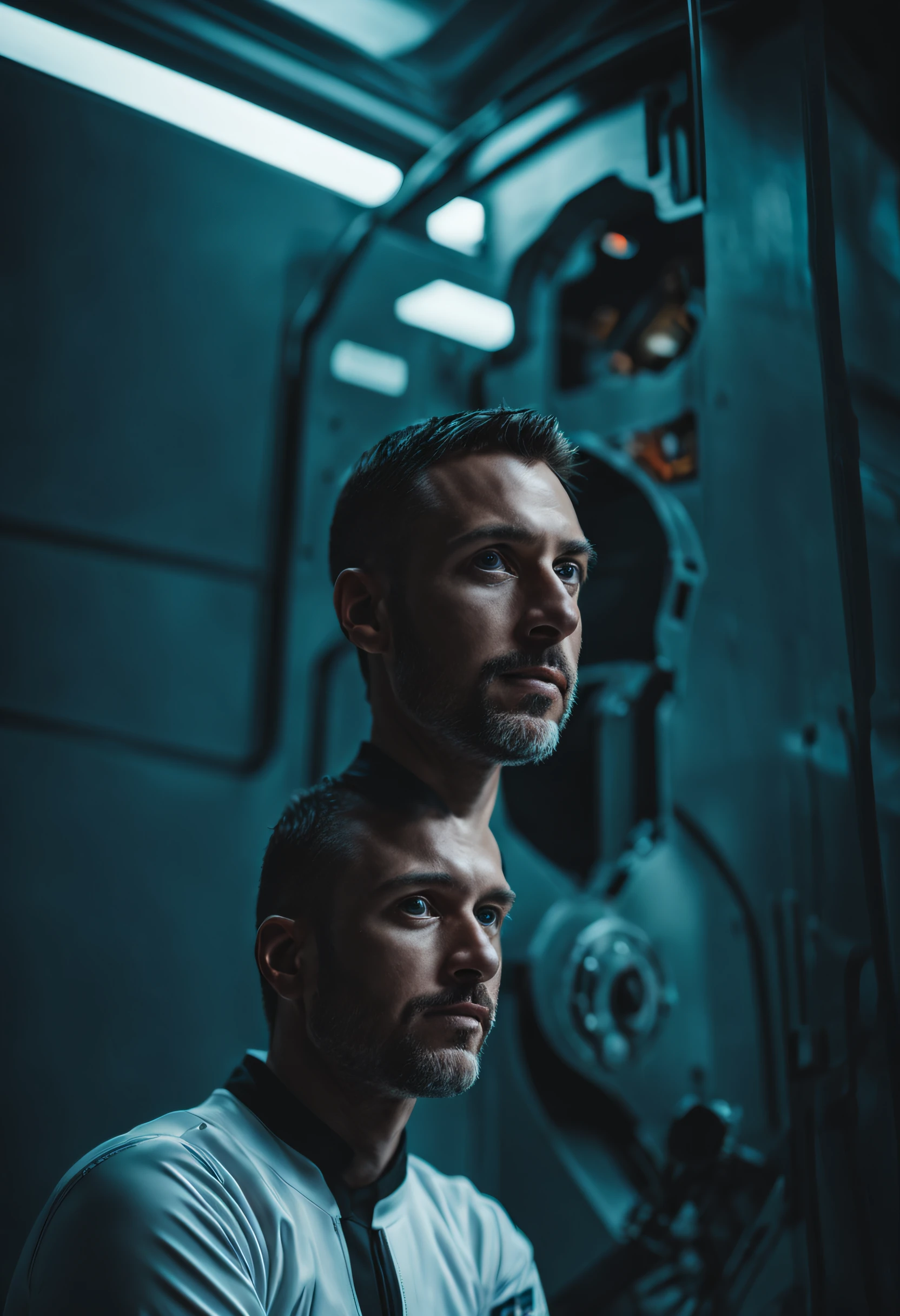 Editorial photography of a strong male astronaut ((40 years old)) Sitting in front of the train window to space, looking at camera, Return to viewer, realistic skin, Photojournalism, retrofuturism, Kodak Acta, Depth-Of-Field, F/1.8, 4k, Volumetric, Vignette