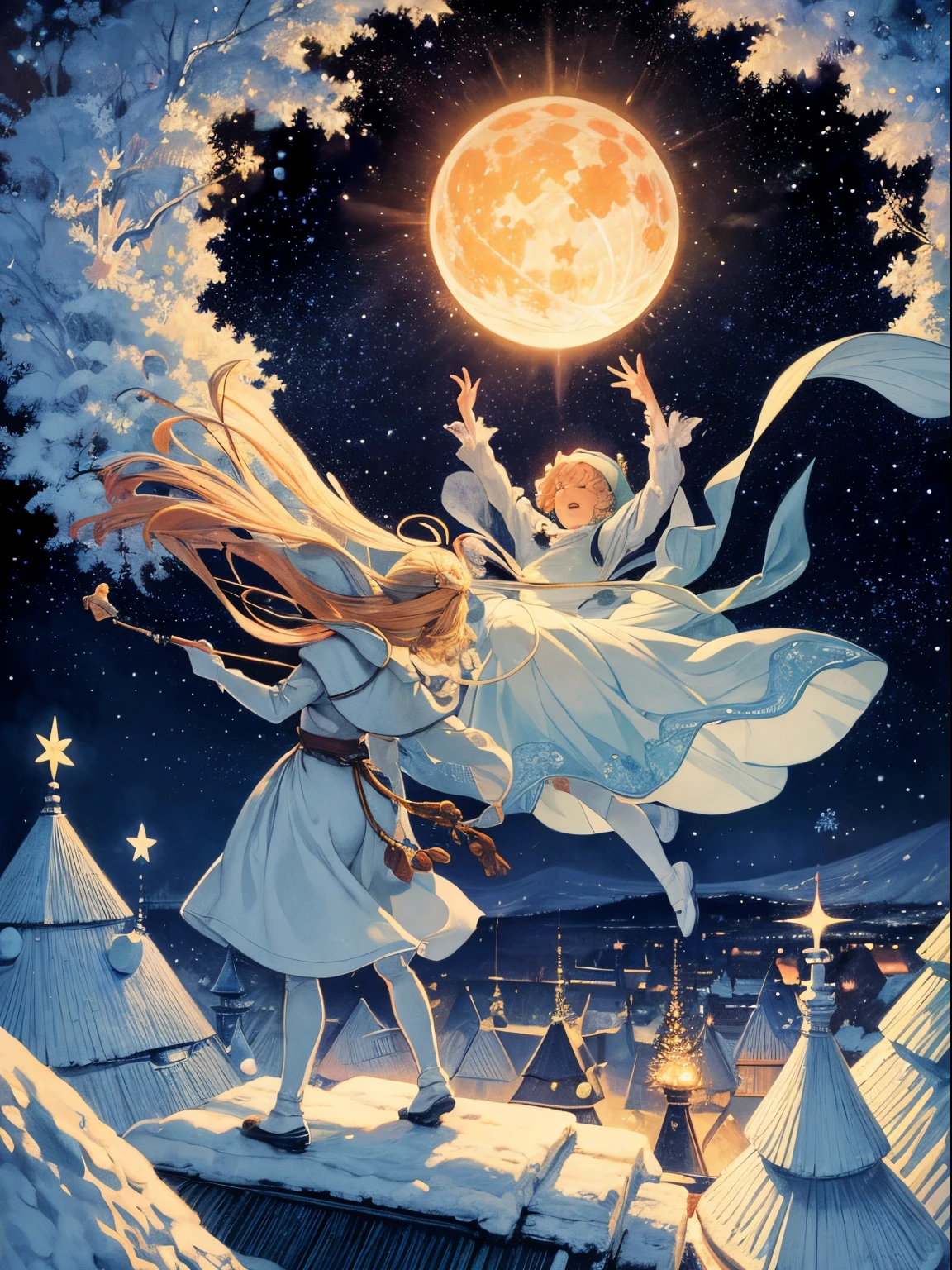Elsa Beskow, mari Yamasaki, Surreal, mysterious, bizarre, fantastical, fantasy, sci-fi, Japanese anime, holy night, snow falling softly, on the rooftop, boys and girls are practicing Christmas carols, faint nebulas, stars, aurora in the sky, tranquil and mysterious, detailed masterpiece