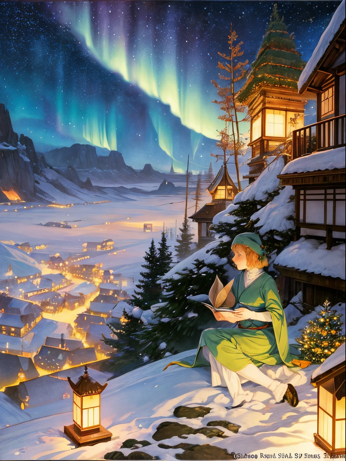 Elsa Beskow, mari Yamasaki, Surreal, mysterious, bizarre, fantastical, fantasy, sci-fi, Japanese anime, holy night, snow falling softly, on the rooftop, boys and girls are practicing Christmas carols, faint nebulas, stars, aurora in the sky, tranquil and mysterious, detailed masterpiece