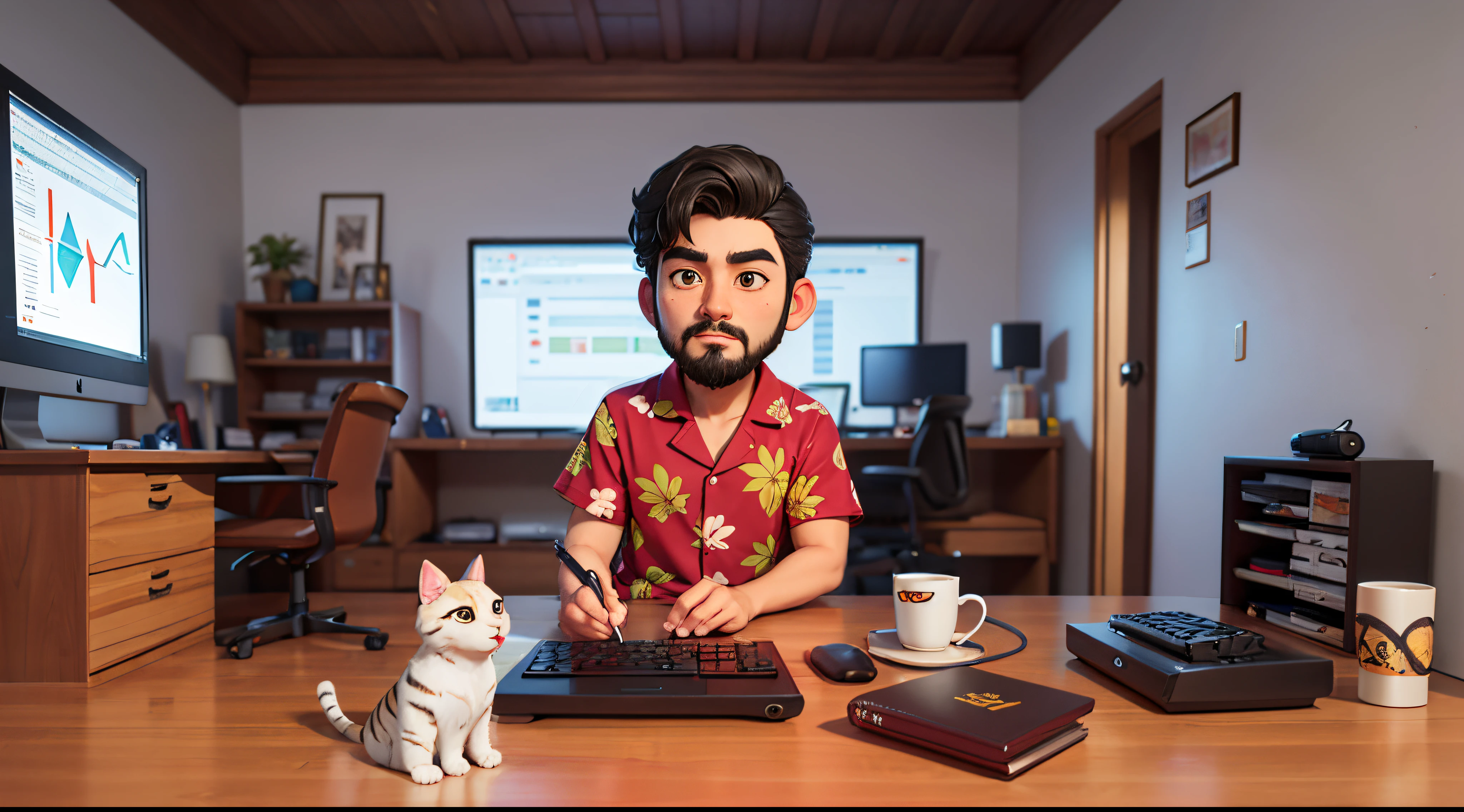 Graphic Designer sets of 3d render figures box set model and Packaging box of 278DB is Fatboy have a beard a kindness normal Thai-Asian descent man 30 years old., a clean-shaven face , thin upper lip, thin lower lips, short curry black hair style, Flat nose, thin eyebrows ,oval ears ,big earlobe, wearing Tiger print Hawaiian shirt and Balloon pant fashion style, leather shoes ,without socks, full body , camera, cat, monitor, computer notebook, pen, table, chair, white spitz Japanese dog short legs, pen mouse, graphic design artwork, and graph status values regarding the design , showcase 360 degree