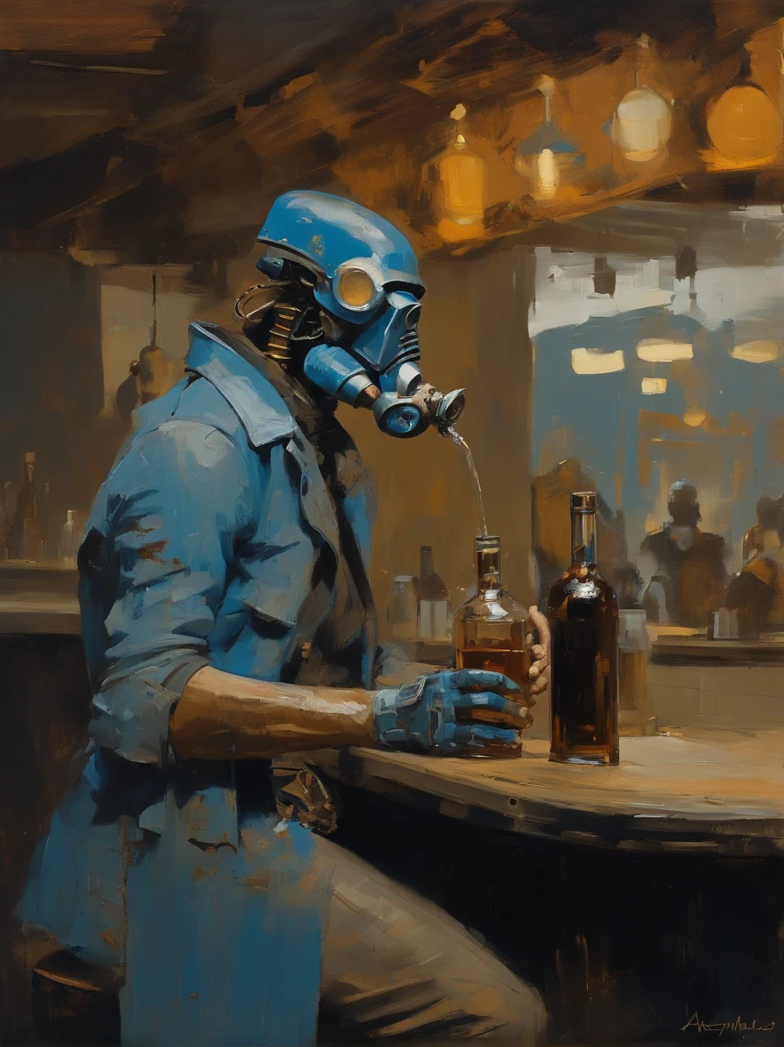 Ashley Wood(Ashley Wood)Realistic paintings created in Van Gogh's unique style,Depicted ((Blue rusty cyborg drinking whiskey in a post-apocalyptic bar)), bustling indoor