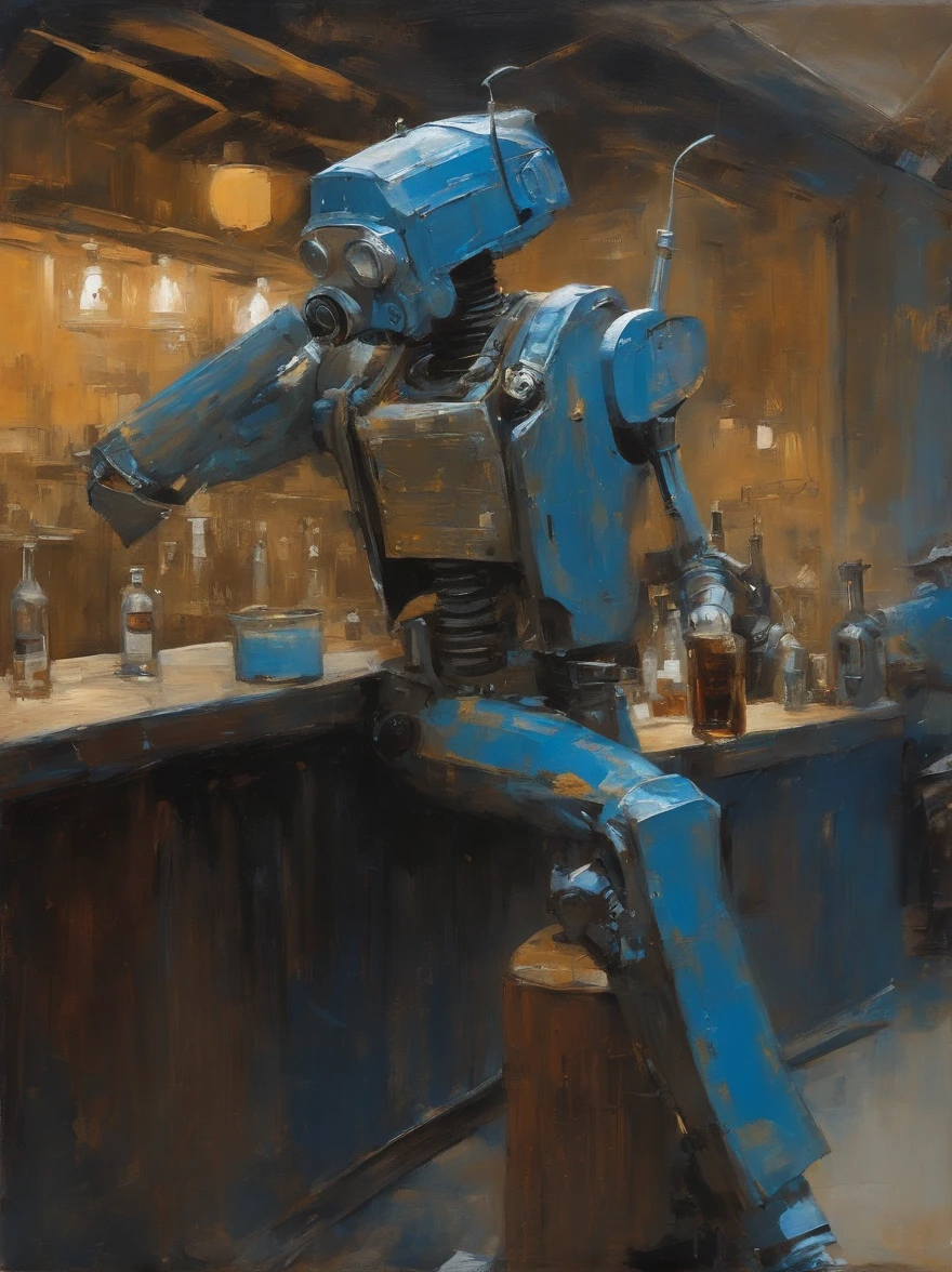 Ashley Wood(Ashley Wood)Realistic paintings created in Van Gogh's unique style,Depicted ((Blue rusty cyborg drinking whiskey in a post-apocalyptic bar)), bustling indoor