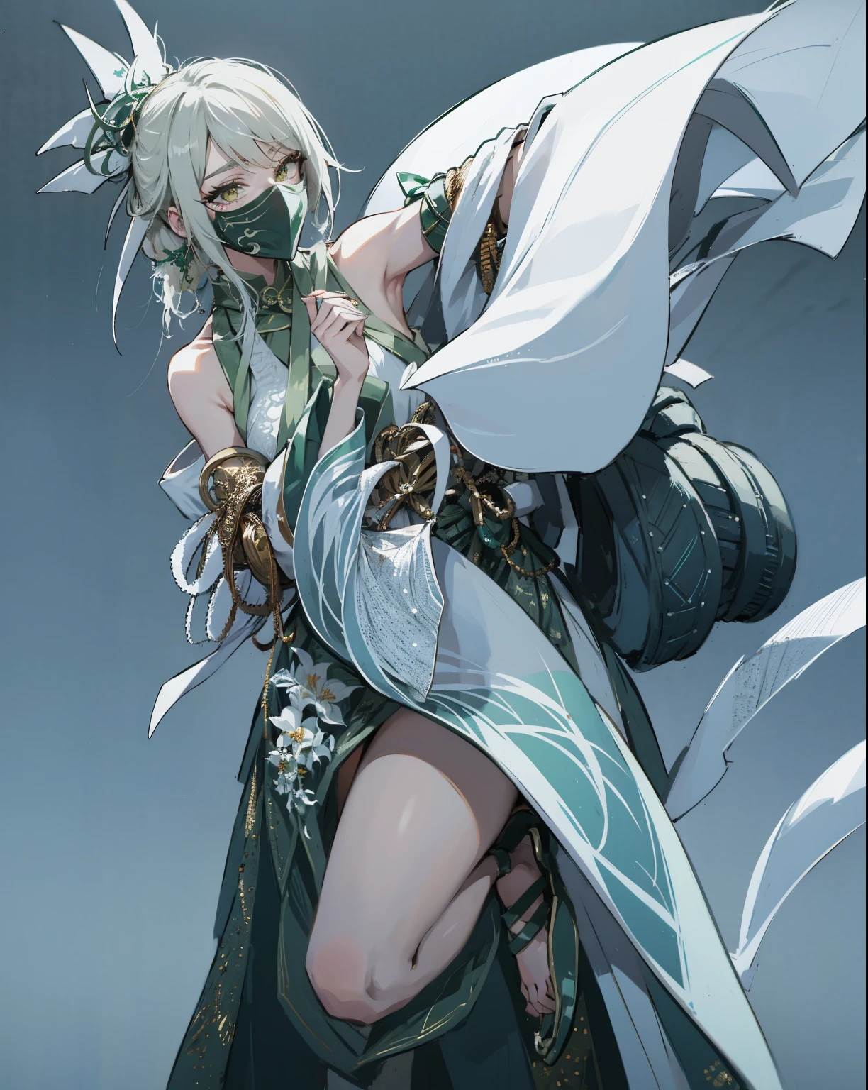 1 plump girl, Full body standing painting, 独奏, Ninja clothes, Gorgeous white dress, Akali, Akali League of Legends, Akali mask, (Masked one:1.2),