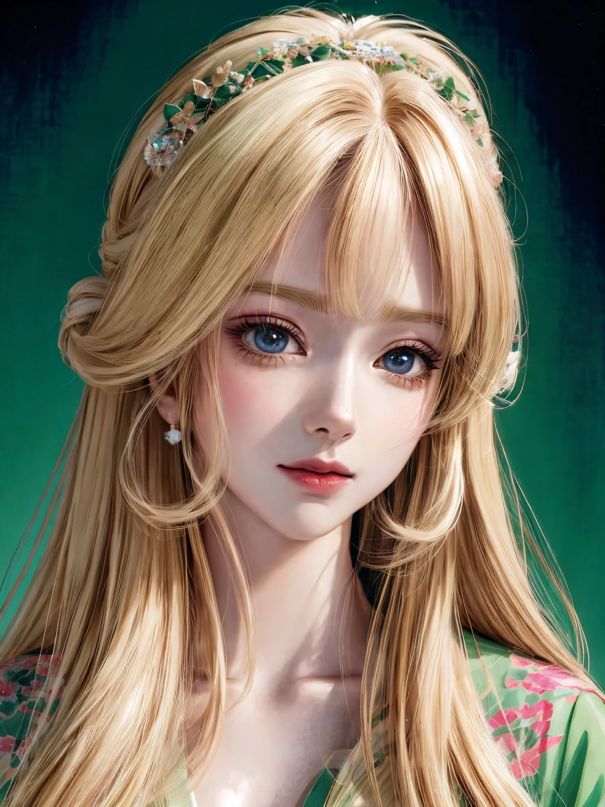a close up of a woman with long blonde hair and a green dress, beautiful anime portrait, detailed portrait of anime girl, stunning anime face portrait, in the art style of bowater, kawaii realistic portrait, digital anime illustration, beautiful anime girl, portrait anime girl, beautiful character painting, beautiful anime style, cute anime girl portraits, beautiful anime woman, cute anime girl portrait,full body