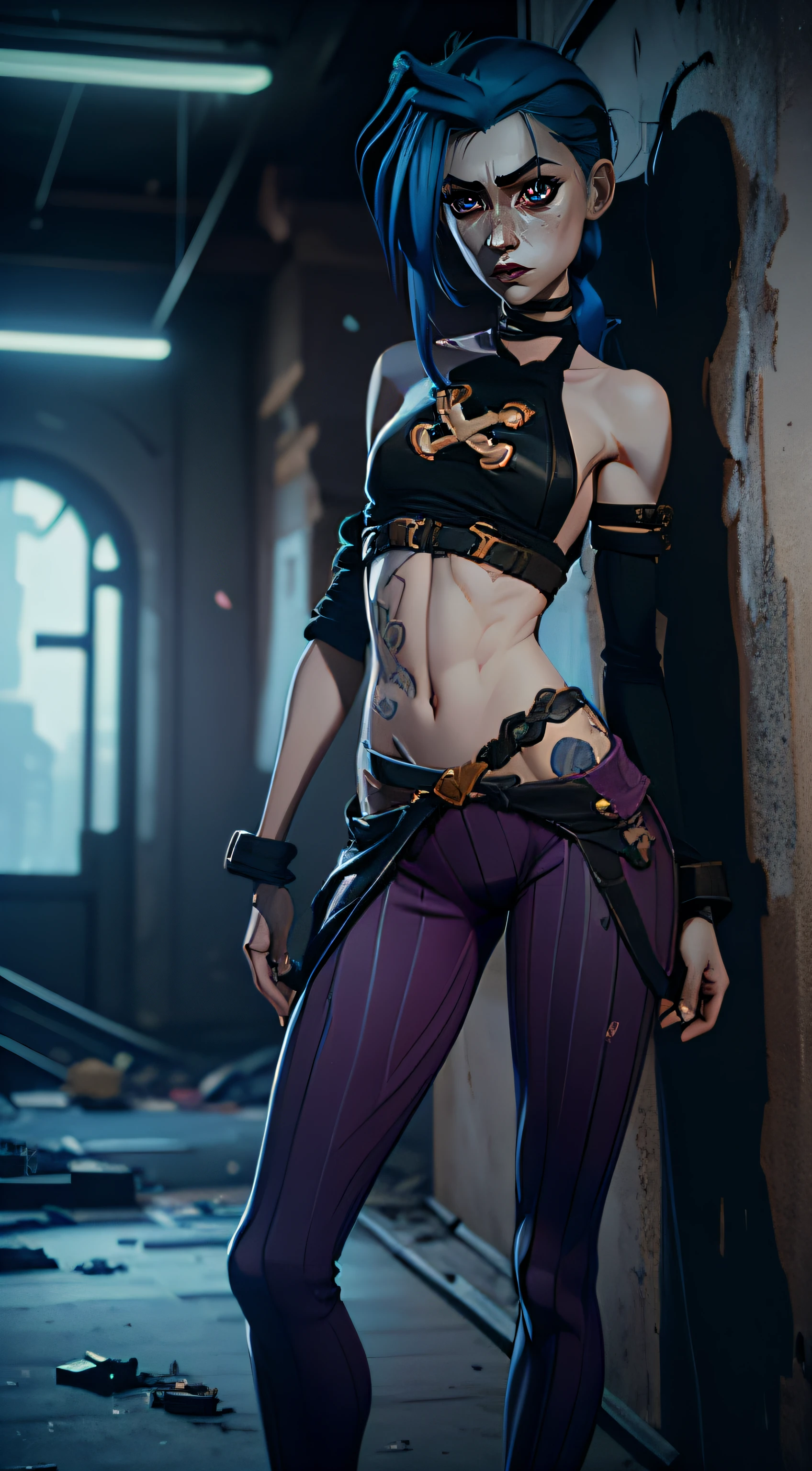 Arcane style, League in the style of Lagenda, Arcane's Jinx (Jinx'Secret character design), Very detailed. I'I'm standing in a burnt out room,, gloomy composition, The Gloomy Room, luminescent paint on the walls, drawings on the walls, gloomy atmosphere, glowing pink eyes (highly detailed glowing pink eyes, pink pupils 1.1), Pink pupils, very detailed eyes, Beautiful figure, a 1girl, facing the viewer, Beautiful figure (Proper Anatopy 1.1.), in full height (Body Full 1.1), Slender figure, shapely legs, Blue hair, hairlong, Skinny black pants, Skinny black leather pants, Very detailed face, Very beautiful face, Very sexy ass, in full height (Body Full 1.1), small elastic breasts, Little ass, Beautiful slim figure, small buttocks, black tight suit, tmasterpiece,beste-Qualit,higly detailed,Visible to the feet, 8K resolution, High Sharp, higly detailed,a perfect face, detailed face and body, expressive look, elastic small breasts, Heightened sexuality,