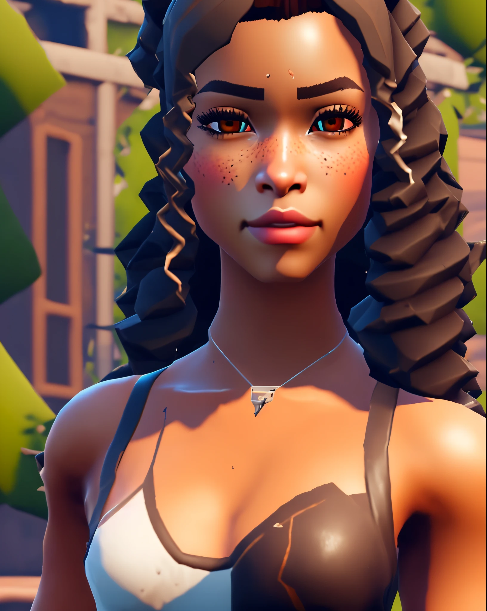 Female Fortnite skin-Dark brown curly hair, mixed skin tone, dark brown eyes