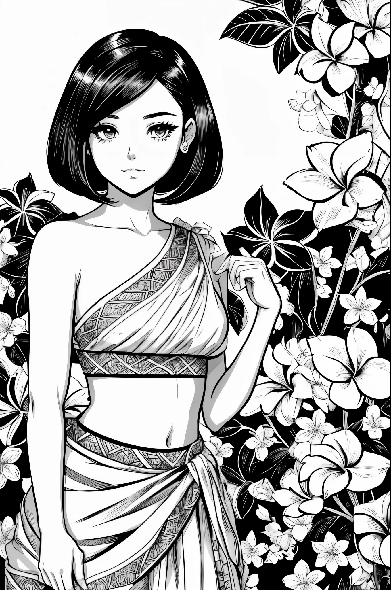 black and white simple drawing, 1 girl with plumeria flowers in the background,((Alone)),((Shoulder length straight bob hair)), small head,small face,small breasts,Lolita in floral skirt, Its exquisite ink line art, Manhwa Style, Portrait of Polynesian girl, Marilyn Monroe, Hollywood glamour, beautiful line art, black and white manga style, Manhwa Style, comic artstyle, pencil and ink manga, black and white coloring,line art,