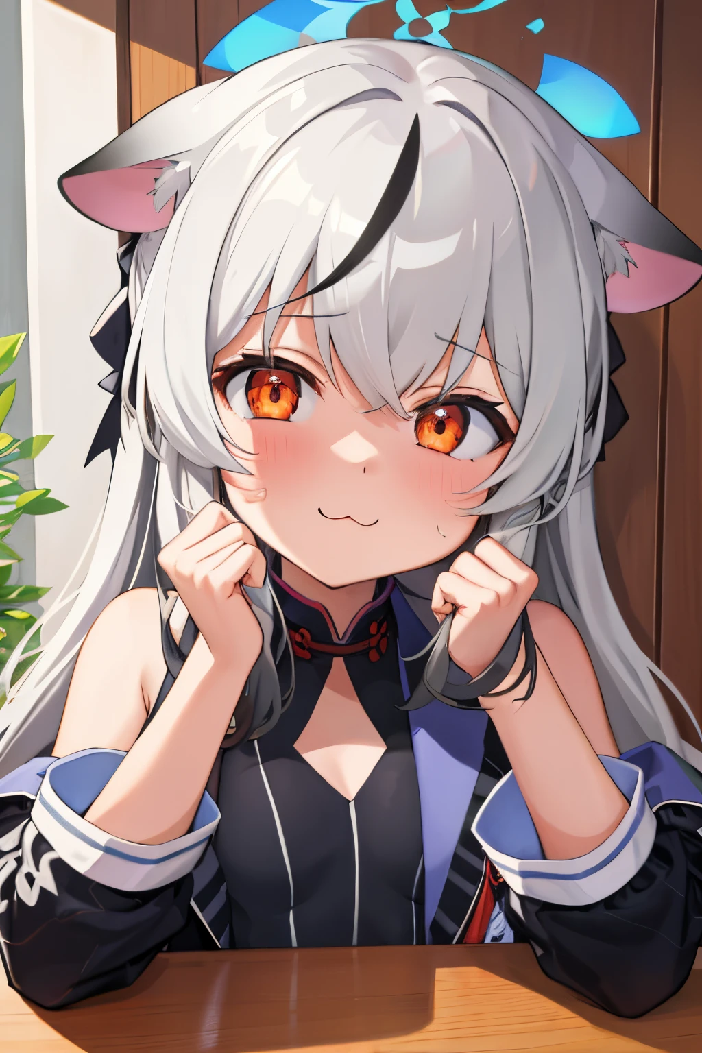 best quality, (masterpiece:1.2), highly detailed, cat ears, 1girl, tojou koneko, yellow eyes, white hair, short hair, hair ornament, 20-year-old, healthy skin, blushed,kneeling ,(ringed eyes, midriff ), bdsm