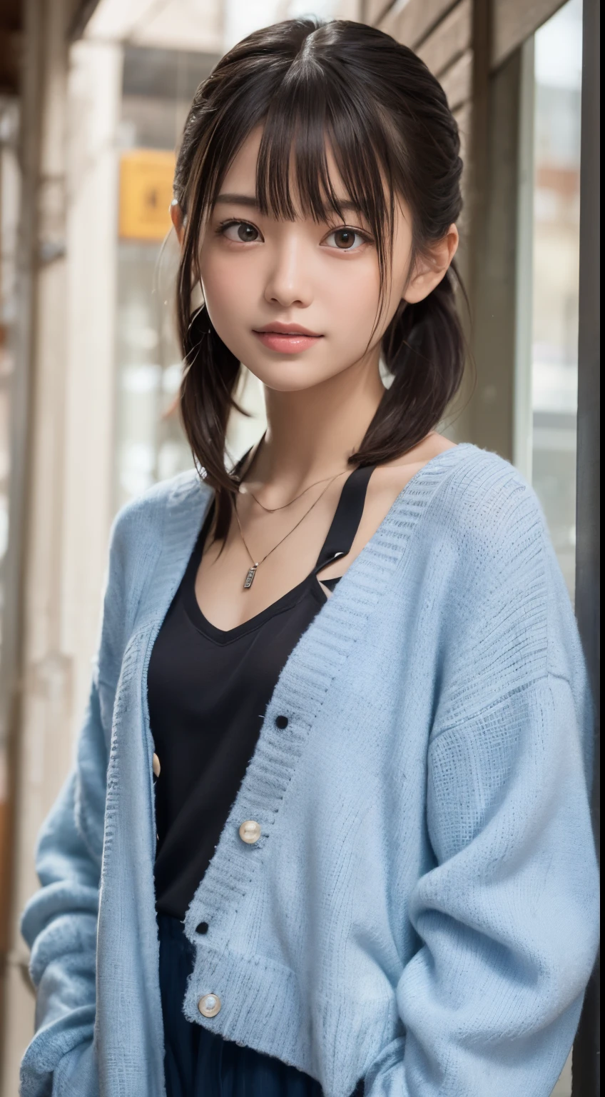 NFSW、masutepiece、masterpiece、1 girl in、(close up of face、cowboy shot)、Straight front view、japanes、very young cute woman、(The cutest girl in the world)、15yo student、Smaller face、large full breasts、Autumn knit jacket、Sheer inner、Chiffon skirt、Ultra-detailed costumes、Smiling in a café、Scrunchie、Thin necklace、Glamorous figure、hyper cute face、shiny lip、Double eyelids in both eyes、 natural make up、long eyeslashes、shiny smooth light brown hair、bangss、Short twin tail hair、asymmetrical bangs、image in center、8K分辨率、high détails、Detailed hairstyles、A detailed face、spectacular movie lighting、octane renderings、with a vibrant、Ultra-realistic、Perfect limbs、perfect anatomia