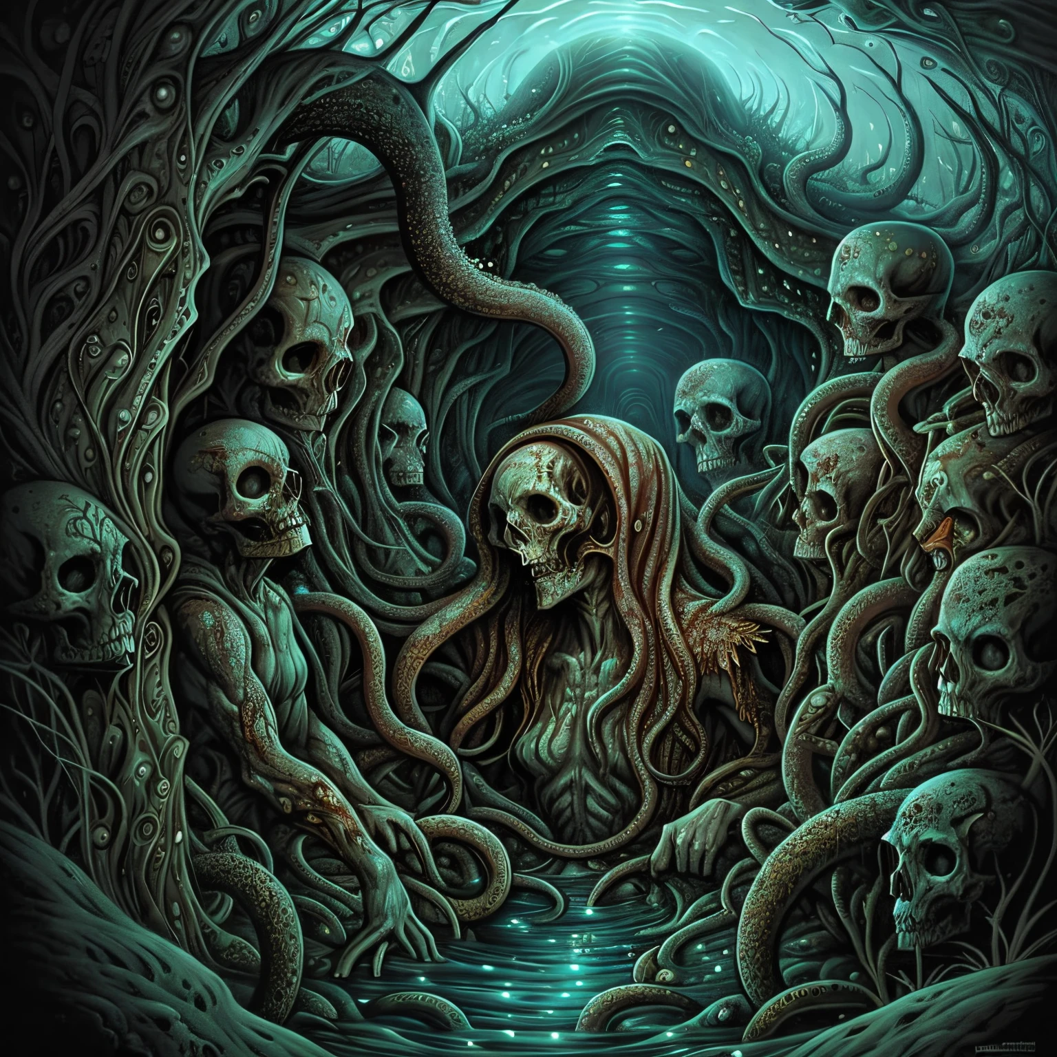 Obscure art of Dan Seagrave. Falling in the Abyss with tentacles, zombies and clay with skull