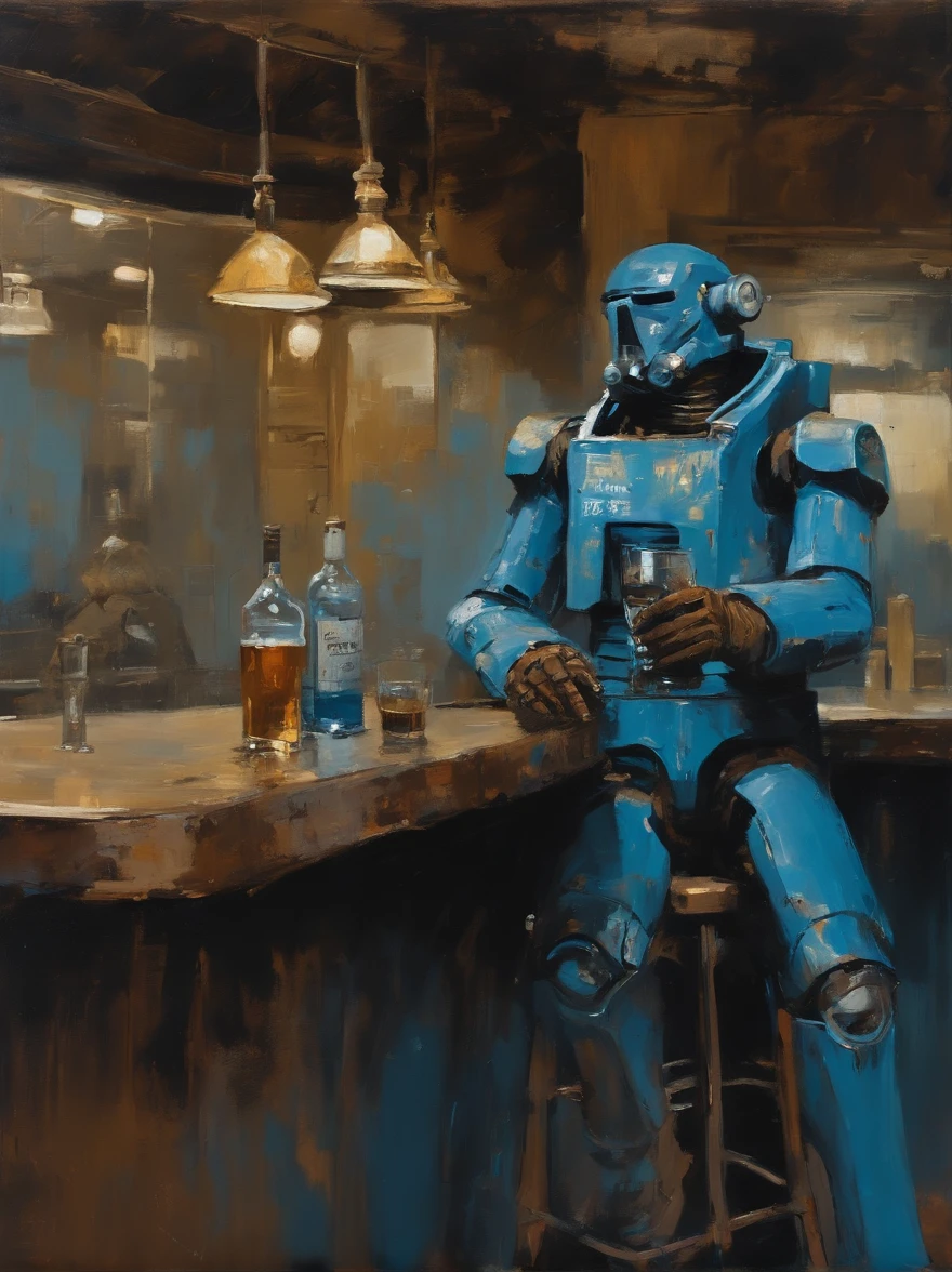 Ashley Wood(Ashley Wood)Realistic paintings created in Van Gogh's unique style,Depicted ((Blue rusty cyborg drinking whiskey in a post-apocalyptic bar)), Izakaya