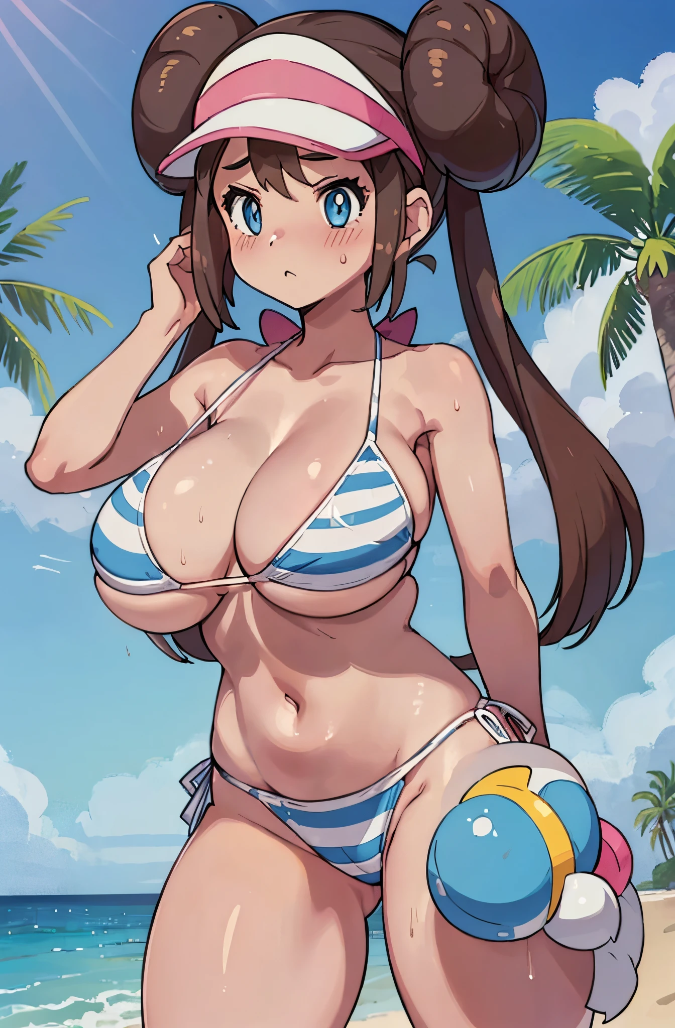 (( 1girl in)), nsfw,Double bun, Hair bun, Visor Cap, Brown hair, blush, Light blue striped bikini,the beach,Rosa(A pokémon)、Armpits、((huge-breasted))、big butts、thick thighs、spreading legs、Face down on the ground