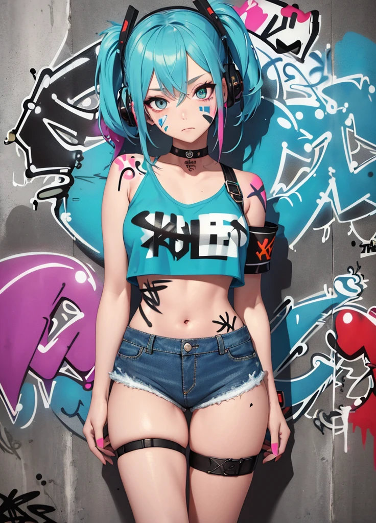 masterpiece, best quality, 1girl, solo, crop top, denim shorts, choker, (graffiti:1.5), paint splatter, arms behind back, against wall, looking at viewer, armband, thigh strap, paint on body, head tilt, bored, multicolored hair, aqua eyes, headset,