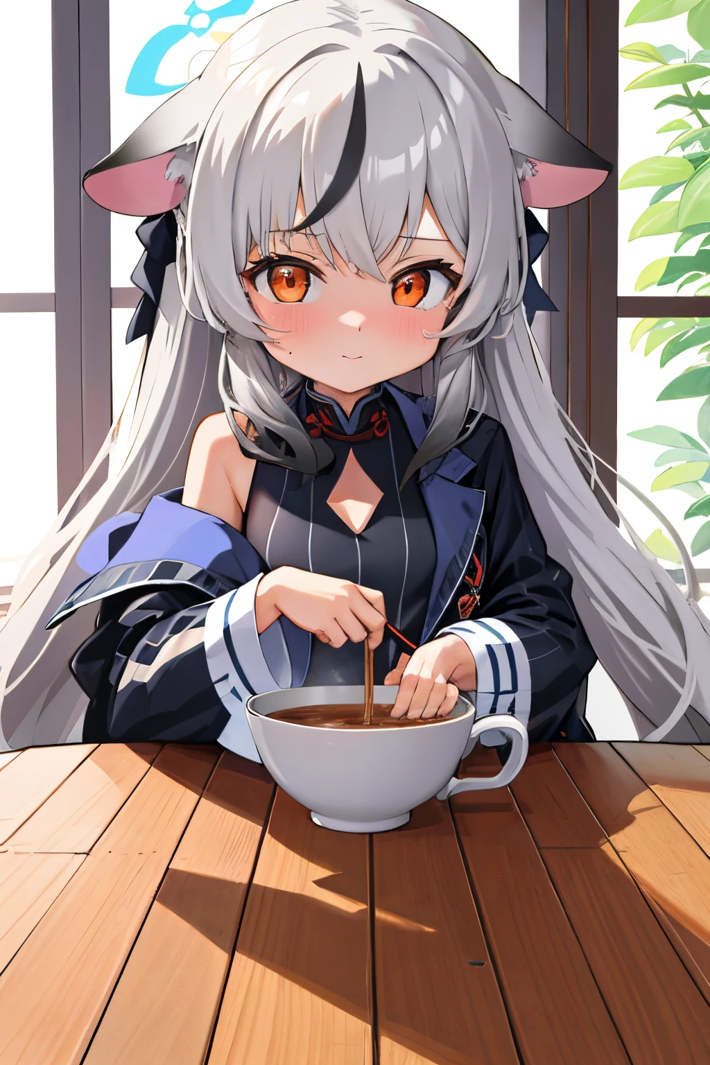 Anime girl with long gray hair and cat ears sitting at a table - SeaArt AI