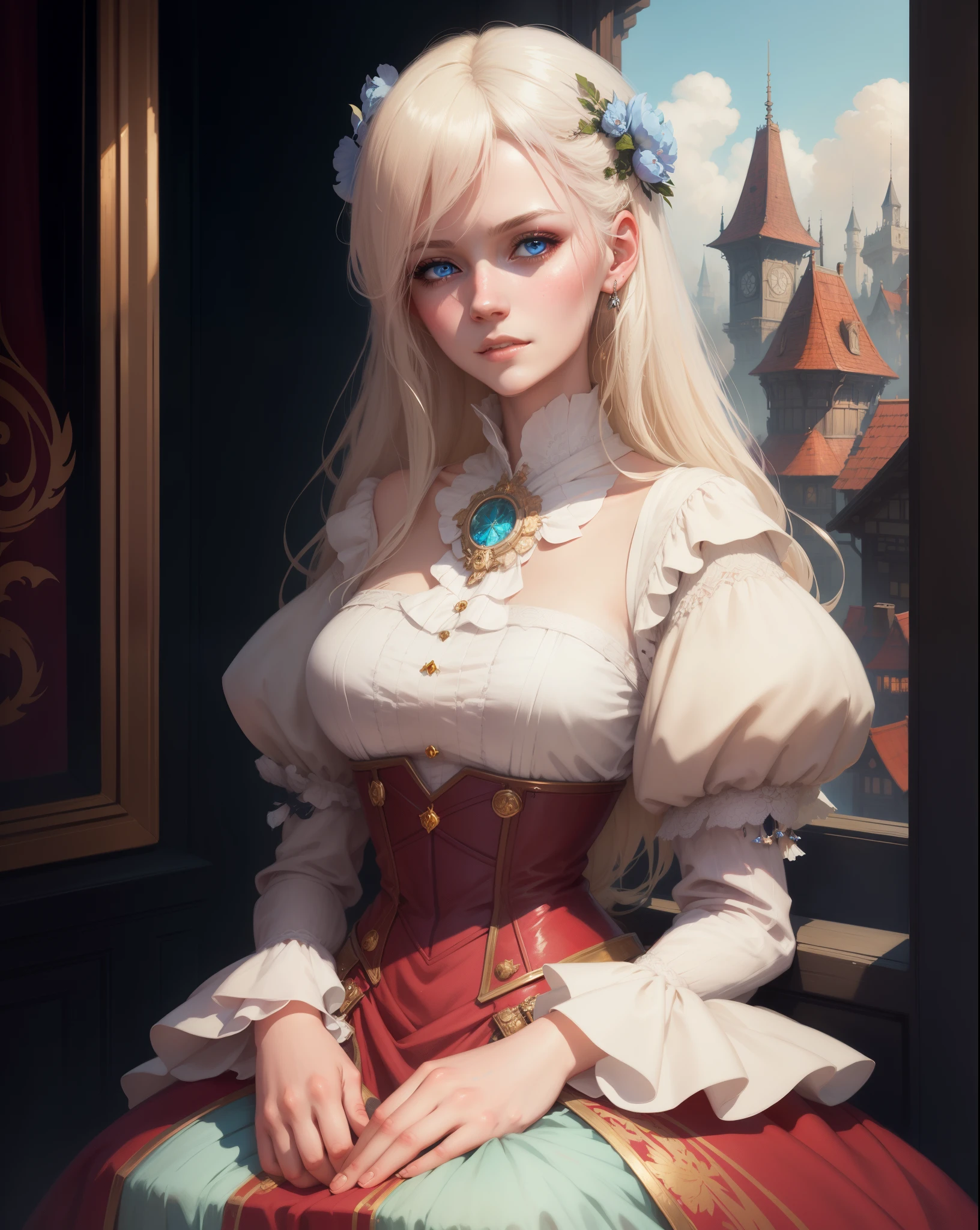 there is a woman in a dress posing for a picture, artwork in the style of guweiz, fantasy art style, in the style of bowater, beautiful character painting, loish and wlop, guweiz, alexandra fomina artstation, princess portrait , fantasy victorian art, 8k high quality detailed art, fantasy art portrait, fantasy portrait, platinum blonde haired woman with delightful features and blue eyes