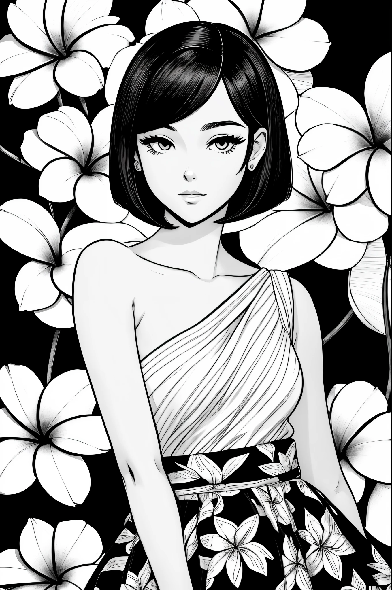 black and white simple drawing, 1 girl with plumeria flowers in the background,((Alone)),((Shoulder length straight bob hair)), small head,small face,small breasts,ta in floral skirt, Its exquisite ink line art, Manhwa Style, Portrait of Polynesian girl, Marilyn Monroe, Hollywood glamour, beautiful line art, black and white manga style, Manhwa Style, comic artstyle, pencil and ink manga, black and white coloring,line art,