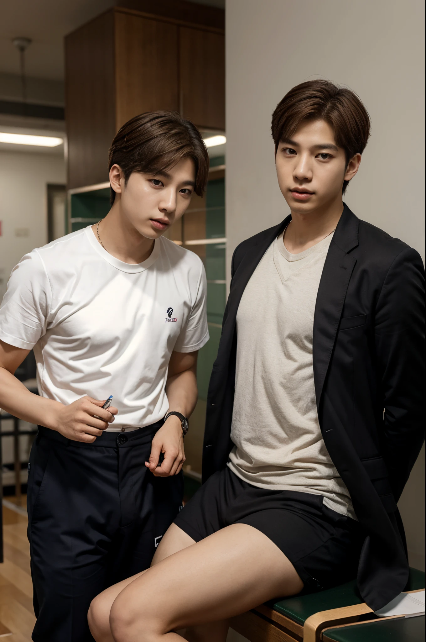 Crie uma imagem do Kim Namjoon do BTS moreno treinando em uma academia.