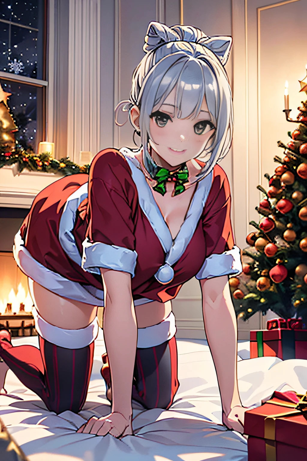 (((A woman surrounded by many luxurious gifts:1.7))),(((A woman crawls on all fours in bed holding a large present:1.7))),(((all-fours:1.3))),(((christmas tree night lighting:1.7))),(((santa claus cosplay women wallpaper:1.3))),a miniskirt,(The white part of the costume looks like fluffy snow,The red part is made of luxurious velvet material.).off shoulder with sleeves,(Emphasis on large breasts:1.3),(Short hair with shiny silver and orange stripes,Ponytail twisted buns adorned with elaborate braids and beads,Braided Setup Fishbone Hair,),(Bangs are see-through bangs),with round face,An attractive woman with a natural smile and charming expression,Transparent skin,(The 8k quality,masutepiece,top-quality,Ultra-high resolution output image,),(Highly detailed raw photos:1.3),(Image Mode Ultra HD),