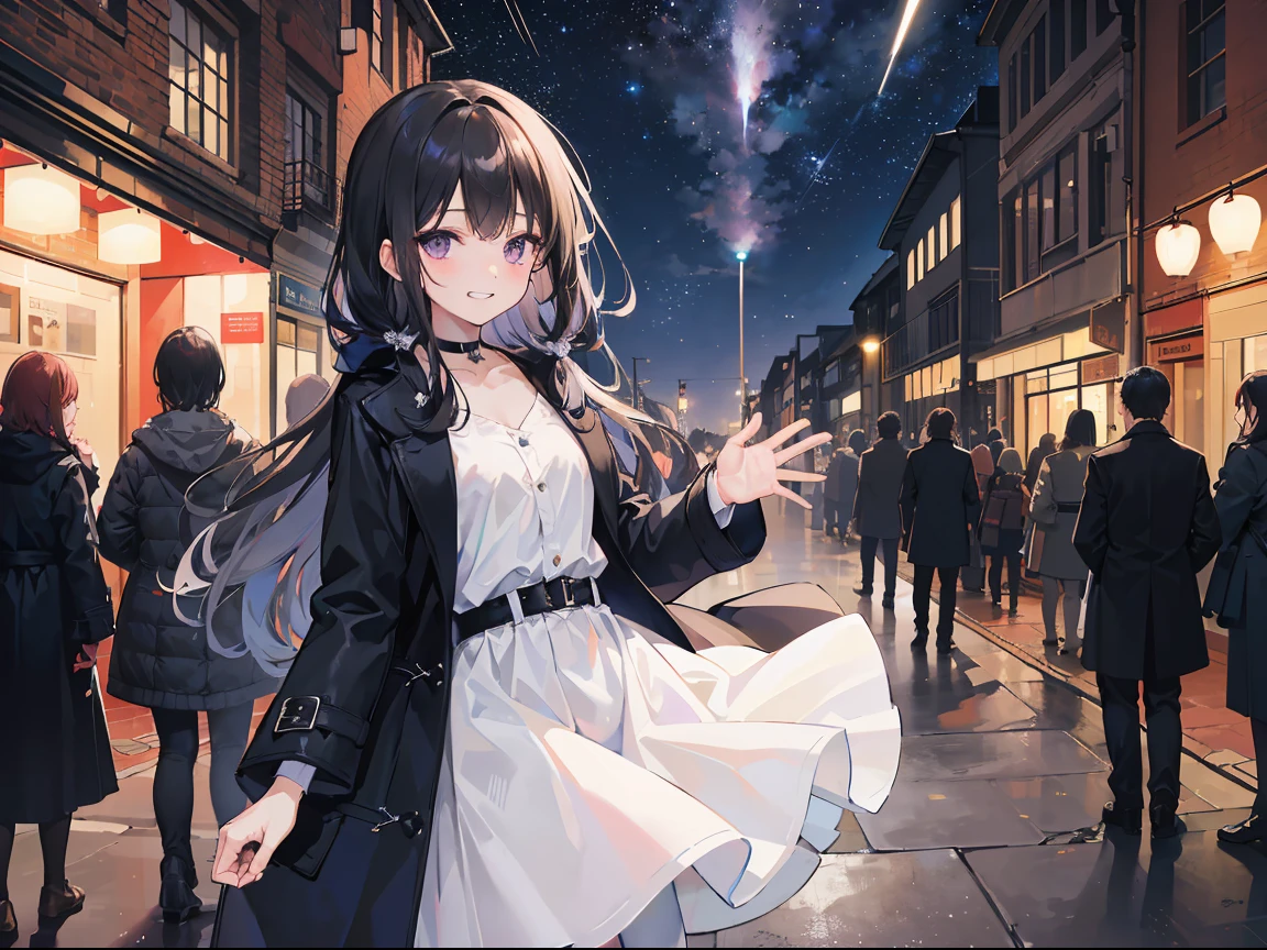 1girl,grin,embarrassed,blush,pale skin,(slender,flat chest):1.4,Pretty,Cute,(Medium Long Straight Hairstyles,Straight black hair,All black hair,Medium black hair,hime-cut):1.4,(Light purple eyes, Beautiful detailed eyes, tareme,big highlight on eyes):1.4,(quilted Black coat,long Black coat,Black coat,open Black coat):1.4,(white blouse,long sleeve white blouse,white Vulcan blouse):1.4,(belt long white skirt, high waist long white skirt,very long white skirt,long white skirt):1.3,ankle high heel boots, (blackleggings,blackpantyhose,black tights):1.2,Black Choker,(pov,looking at viewer),(scenic town,star night,street light, meteor shower, crowd):1.3,(forward body,looking straight ahea,Standing,arm up,waving):1.4,{{{masutepiece}}}, {{{Best Quality}}}, {{ultra-detailliert}}, {Illustration}, {{Extremely delicate and beautiful}},((Chroma adjustment 1.3)), ((super detailed) 1.2), ((Beautiful) 1.2), (masutepiece) 1.2), ((Detailed light) 1.2),