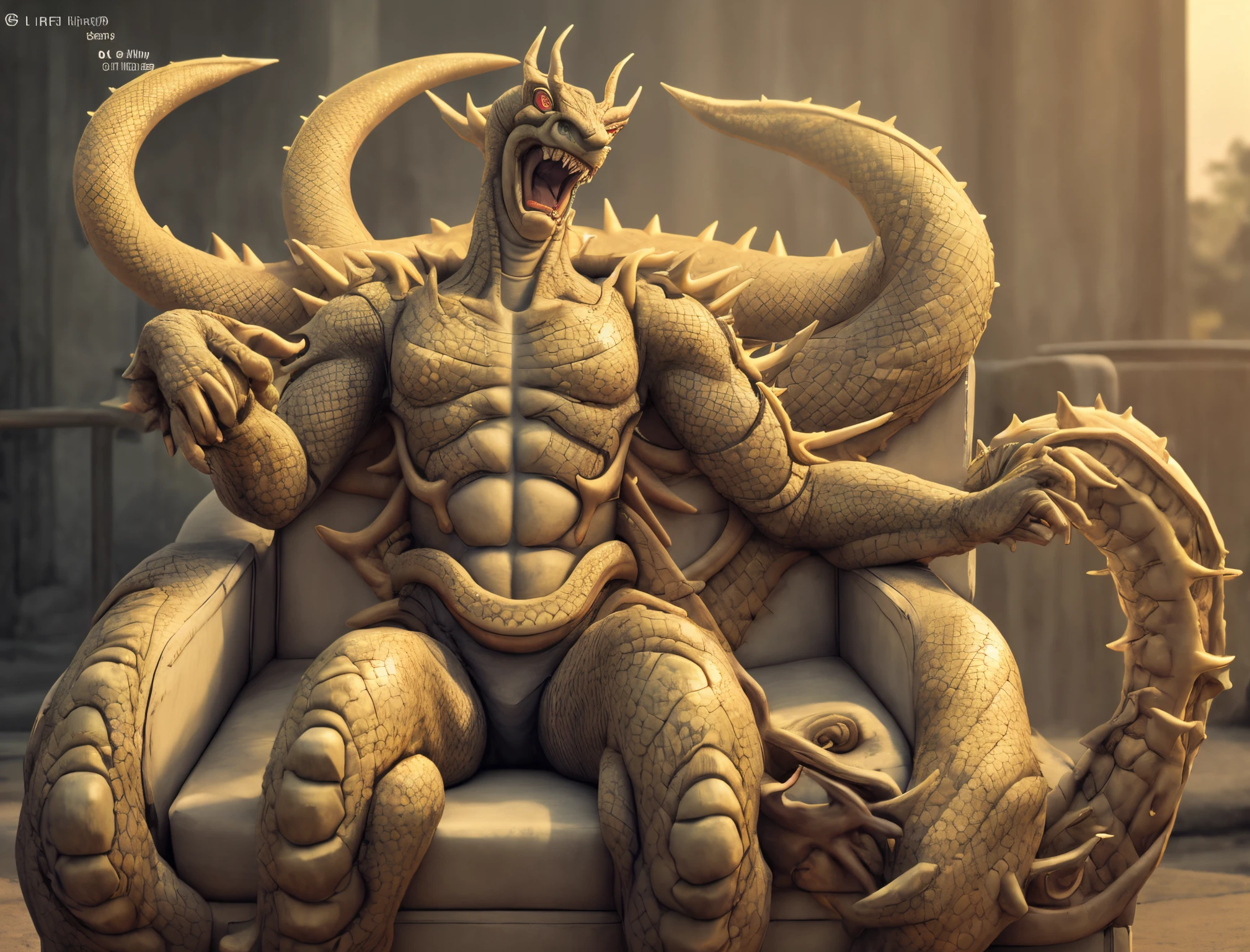 shenron,Smile,yui,(Half body),sitting in the chair,anthro,Solo,Man's,1boy,Furry,(detailed outdoor lighting),(Cinematic lighting),[Detailed ambient light],[Detailed face and eyes], [higher body and limbs detail]、[Realistic proportions]