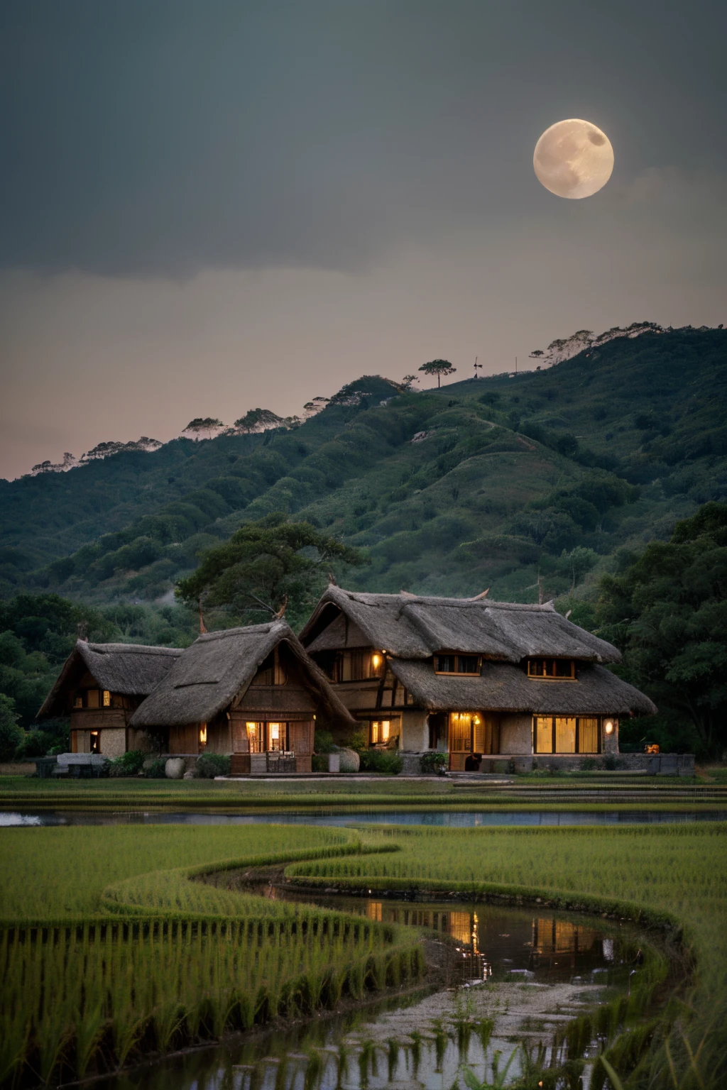 Countryside with rice fields, a thatched-roof house, buffalo, evening moon, kitchen smoke, beautiful old tree, hills, real-life imagery