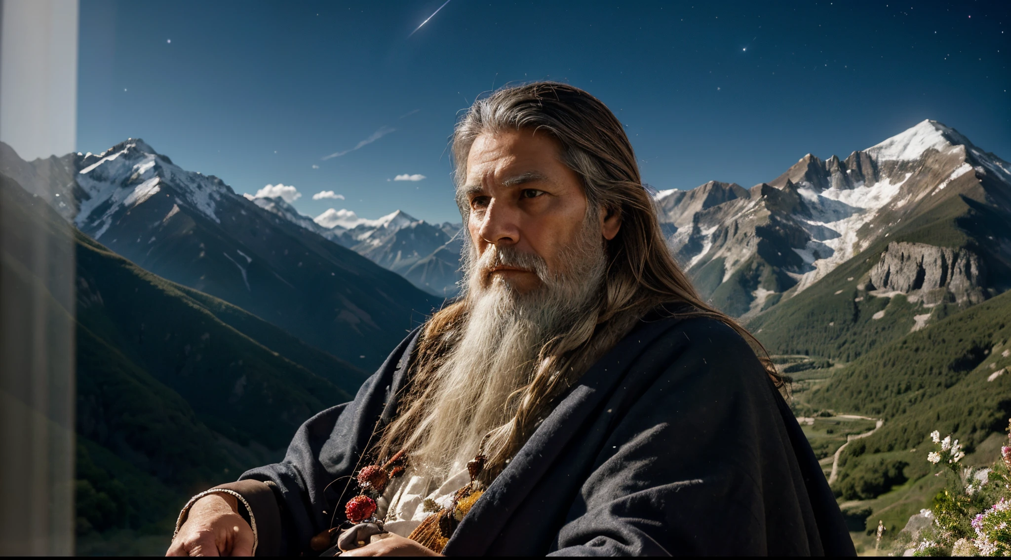 "Generate a striking digital image that represents a wise and powerful hermit in a mountainous landscape. The hermit must be middle-aged and have a long white beard, vestiduras simples pero llenas de detalles, and an aura of wisdom in his eyes. The background should include a hidden grotto among the mountains, iluminada por la luz suave de la luna y estrellas. Use a style that combines realism with touches of fantasy to highlight the mystical essence of the hermit."
