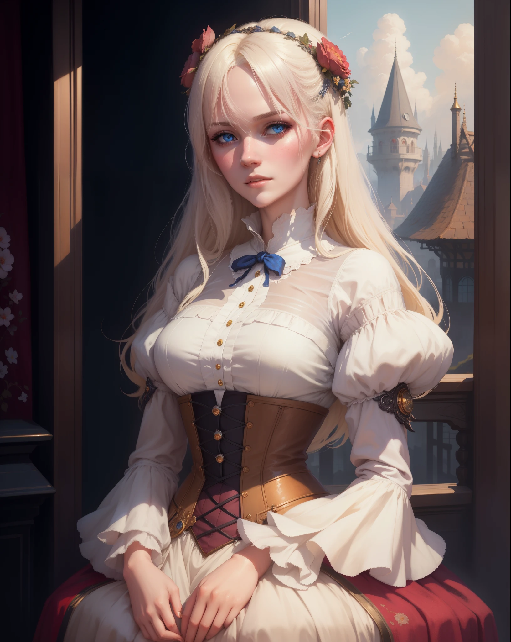 there is a woman in a dress posing for a picture, artwork in the style of guweiz, fantasy art style, in the style of bowater, beautiful character painting, loish and wlop, guweiz, alexandra fomina artstation, princess portrait , fantasy victorian art, 8k high quality detailed art, fantasy art portrait, fantasy portrait, platinum blonde haired woman with delightful features and blue eyes
