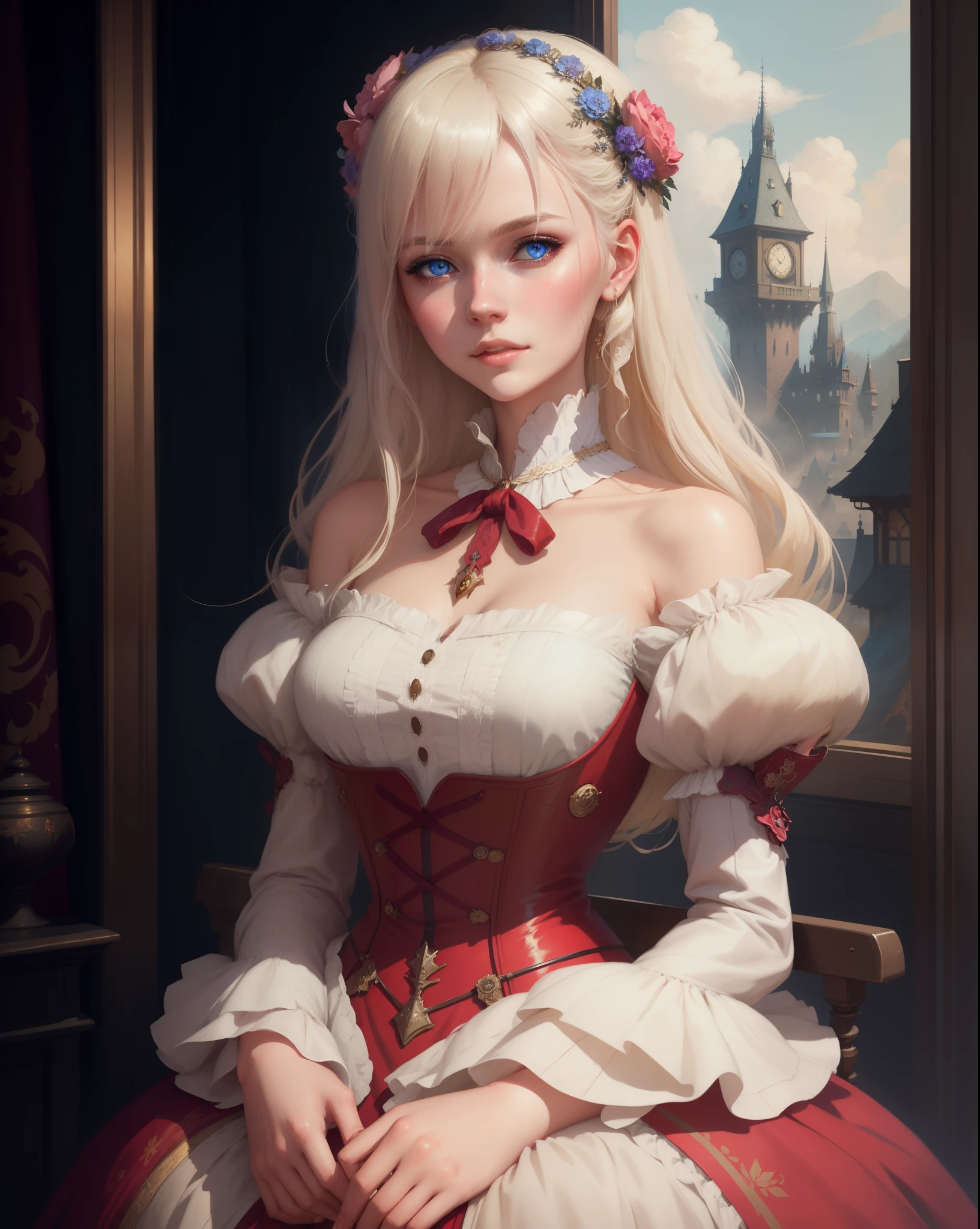 there is a woman in a dress posing for a picture, artwork in the style of guweiz, fantasy art style, in the style of bowater, beautiful character painting, loish and wlop, guweiz, alexandra fomina artstation, princess portrait , fantasy victorian art, 8k high quality detailed art, fantasy art portrait, fantasy portrait, platinum blonde haired woman with delightful features and blue eyes