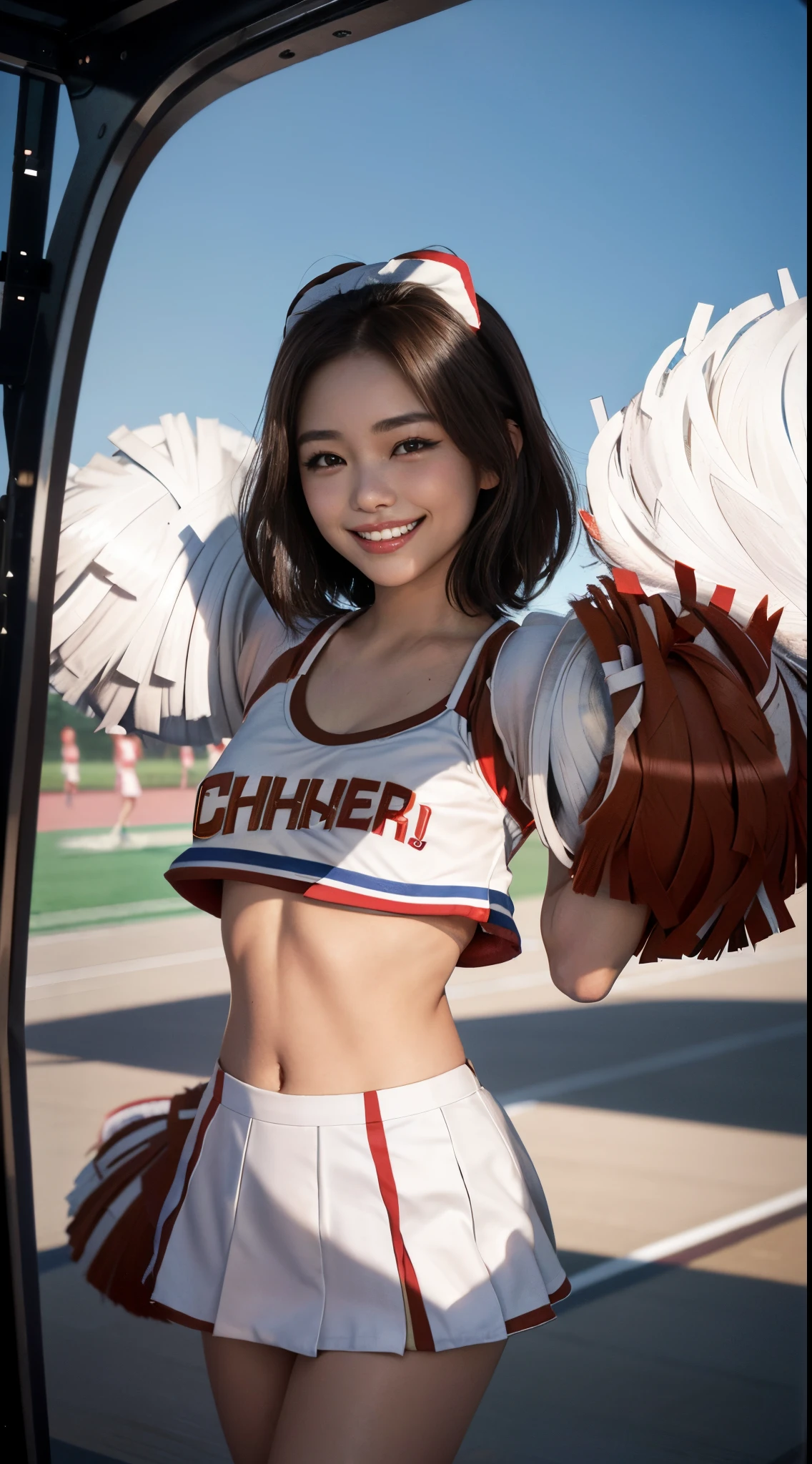 8K raw photos、Beautie:2.0、24 year old、japanes、cute little、cleavage of the breast、((cheer girl:1.5))、a miniskirt、beautiful eyes finely detailed、Eye lashes、((Brown eyes:1.2))、Beautiful double eyelids、eyeshadows、Perfect eye makeup、((A smile:1.6))、Beautiful and thin legs、(chestnut-colored hair)、Medium Hair、fluffy hair、stadio、Daytime、Latina、Photorealsitic:1.9、Sexy navel、Skinny Legs、tthin eyebrows、Tear bag、lofty nose、((Highly sexual))