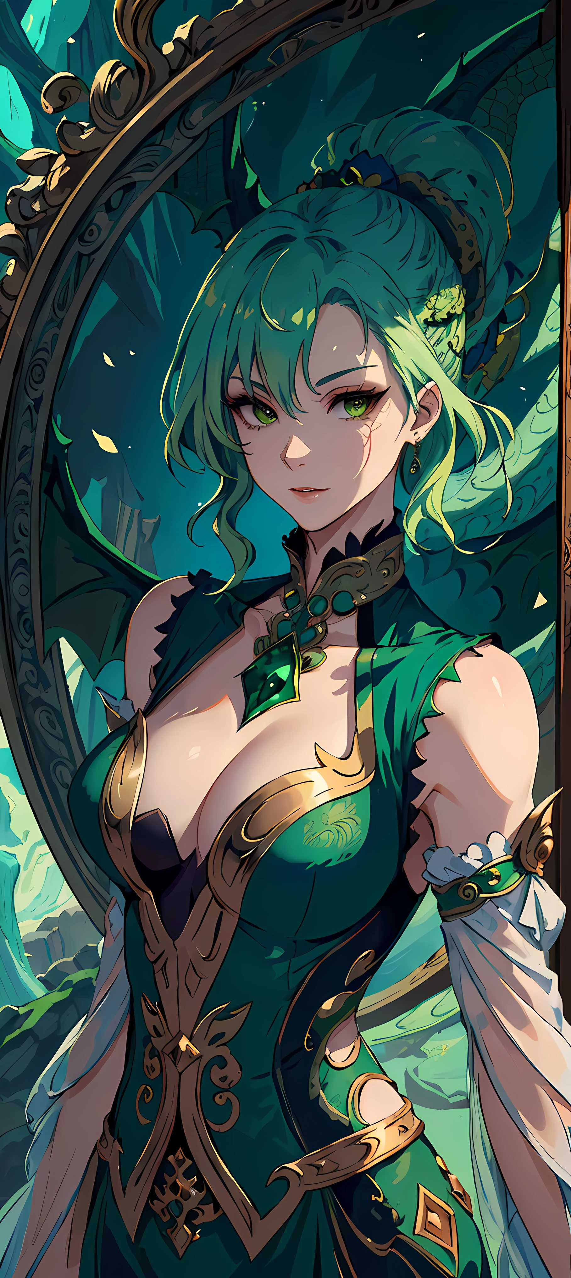 high detailed, ultra-detailed; A majestic dragon lady with green hair., 1dragon lady, ((green hair)), flying, (dragon scales), powerful aura, mythical creature, Prompt: ((masterpiece)), high detailed, ultra-detailed; A majestic dragon lady with green hair. 1dragon lady, ((green hair)), flying, (dragon scales), powerful aura, mythical creature, ((masterpiece)), ((best quality)), 8k, ((best quality)), 8k