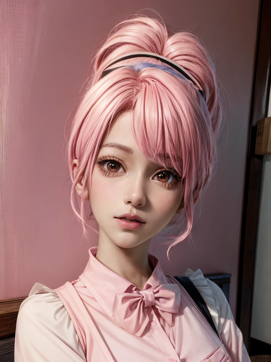 anime girl with pink hair and black bow tie, kawaii realistic portrait, cute girl with short pink hair, stunning anime face portrait, realistic anime 3 d style, realistic anime art style, beautiful anime portrait, artwork in the style of guweiz, anime realism style, realistic young anime girl, realistic anime artstyle, beautiful anime style, portrait anime girl, beautiful anime face