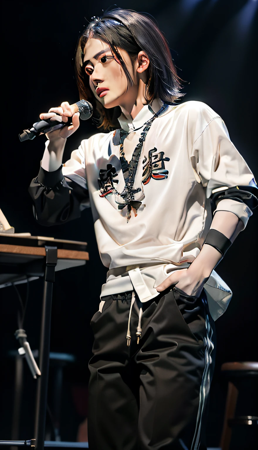 Chinese male wearing white shirt and black pants holding microphone,Performing on stage with profile exposed,coiffed blonde hair,stage flash。Cai Xukun's, Inspired by Bian Shoumin, rapping on stage at festival, inspired by Huang Gongwang, concert photo, Come on stage, Inspired by Ding Yunpeng, Inspired by Xiao Yuncong, Inspired by Chen Daofu, Kim Do-young