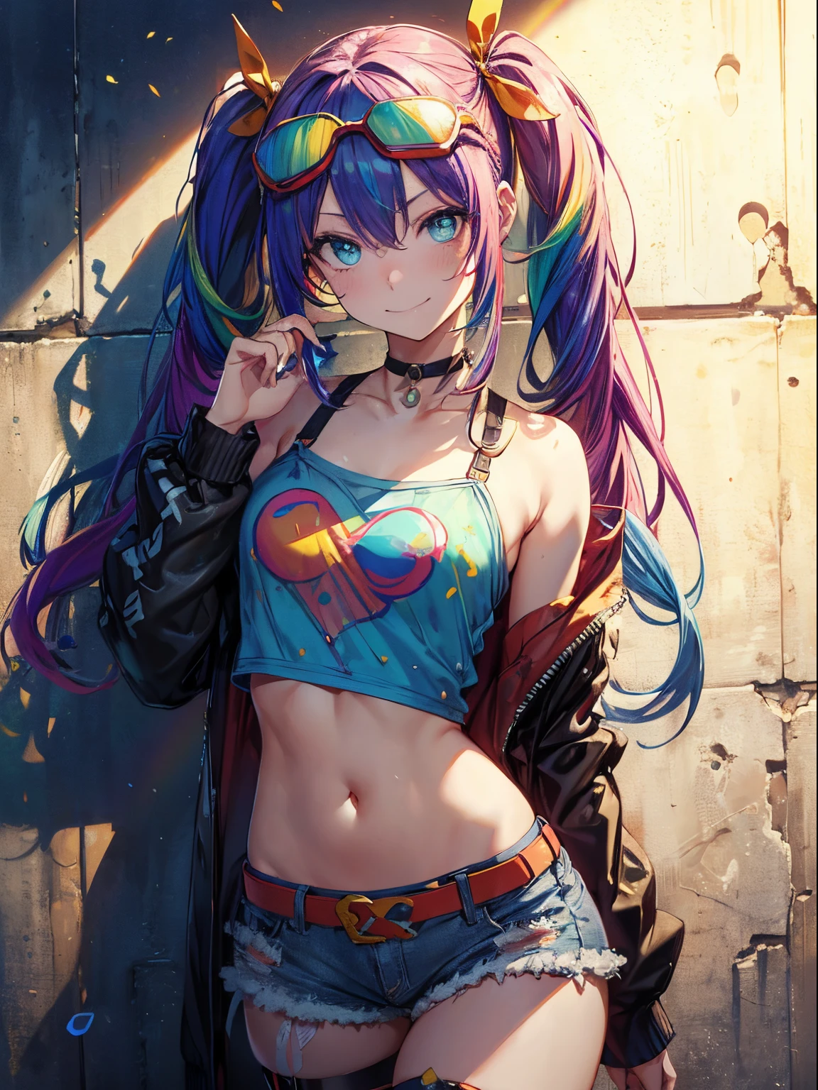 goggles（wearing goggles on the head）、(masutepiece:1.3), (8K, Photorealistic, Raw photo, Best Quality: 1.4), Beautiful face, (Realistic face), Beautiful detailed eyes, (Realistic skin), Attractive, Intricate details,Golden ratio, 1 girl,Naughty smile, (rainbow hair:1.4),((Long twintails,Ribbon 1.4)),(Blue butterfly hair ornament), croptop, Denim shorts, a choker, (doodle:1.5), Paint Splatter, arms behind back, Hitting a wall, Look at viewers, Armbands, Thigh strap, Paint on the body, tilt of the head, tedium,