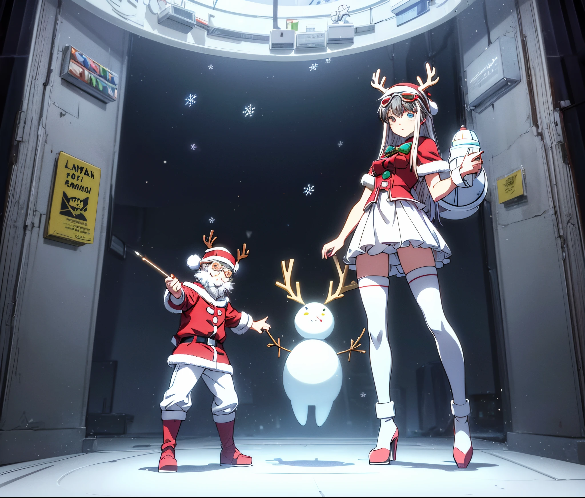 Reindeer, (blind box toy style:1.2), nuttcraker toy, (Full Body Shot) , 1 Transparent Santa claus, Behind him is a snowman and reindeer, snowflakes, Transparent mecha, Exquisite Helmet:1.2, glowing goggles:1.2, Cyberpunk, Dreamy Glow, Luminous neon lamp, clean, white background, ( Global illumination, raytracing, HDR, unreal render,reasonable design, high detailed, masterpiece, best quality, UHD, Cinematic Lighting)