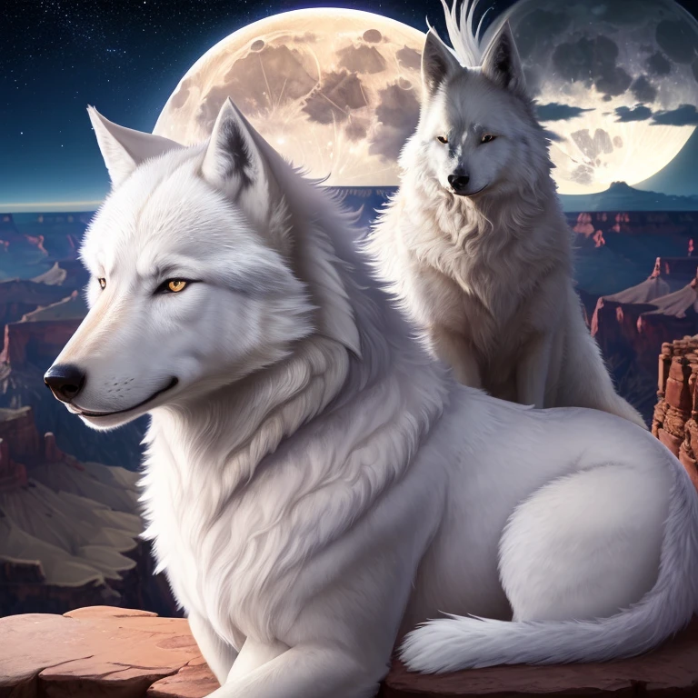 fullmoon, meteor shower, White wolf looking at the Grand Canyon