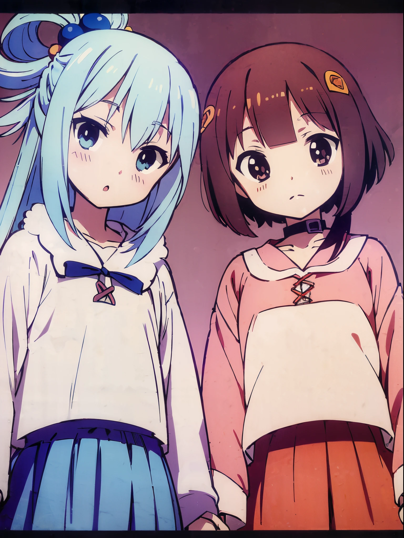 masutepiece, (2meninas: Megumin e Aqua), Close-up, olhos grandes, Kawaii Tecnologia, kawaii, fofo, pastels colors, best quality, Feliz, Fundo profundo, symmetric, bowed head