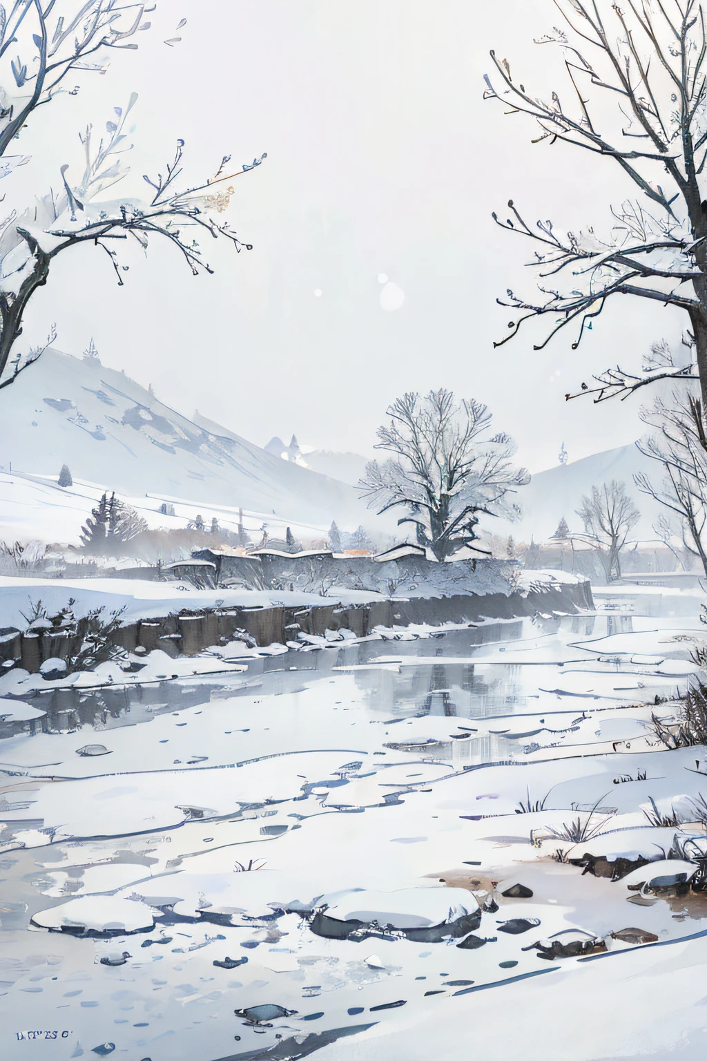 light snow weather，Small snowflakes，that tree，snow field，Chinese style，water ink，cold shades