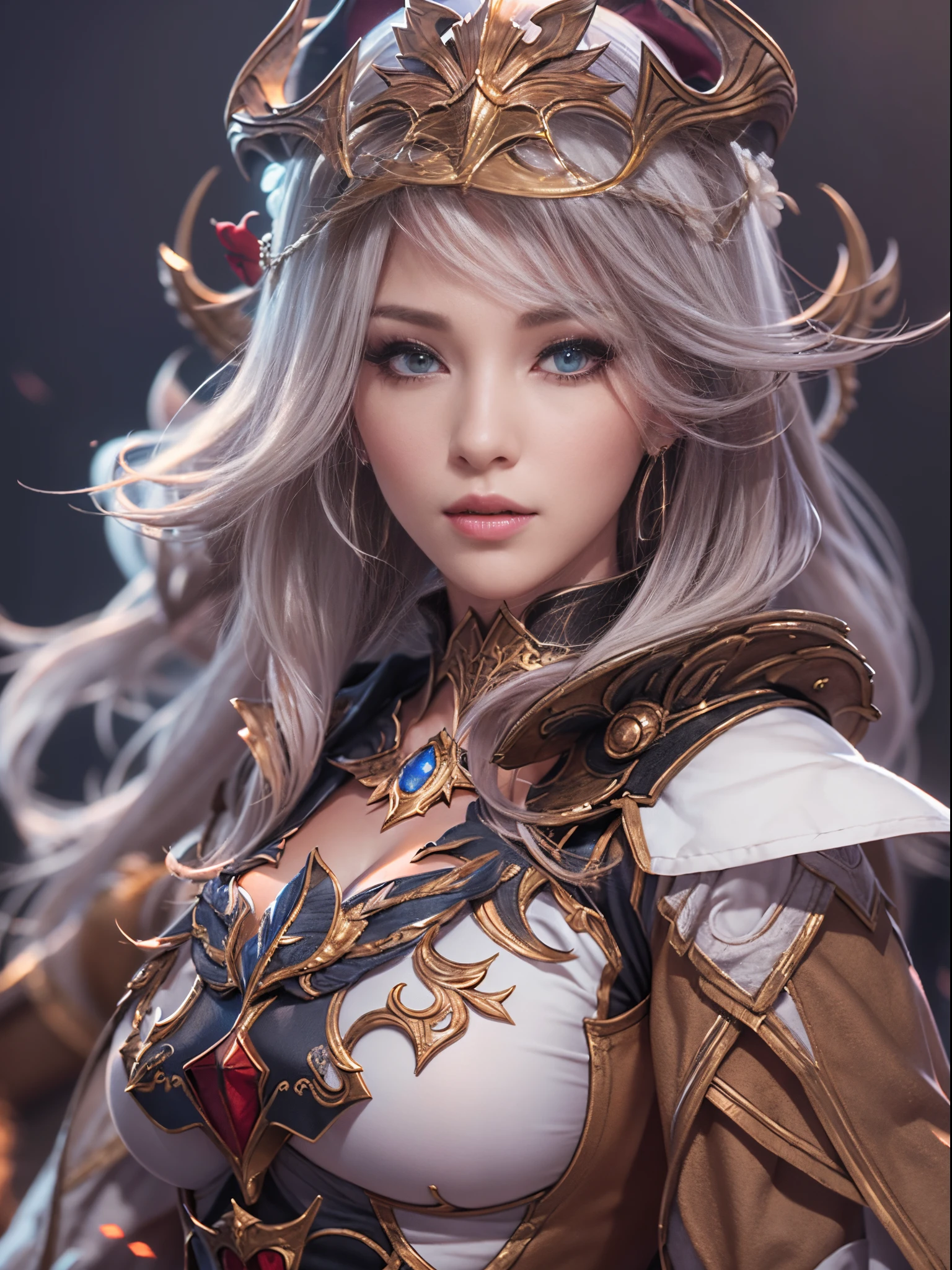 (highest quality,masterpiece),Close up portrait of woman in silver and red dress posing,huge ,Beautiful expression,Well-proportioned face,Detailed fantasy art、Close your mouth,Fan Art Best Art Station、Magnificent and elaborate character art、Dragon helmet,Beautiful Armor、Intricately detailed armor,Highly detailed work of art、Detailed digital anime art、Girl in Armor,Valkyrie,Painted on the waist,