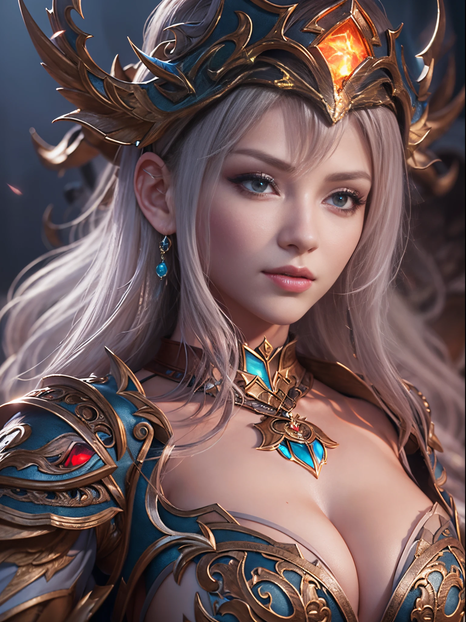 ((Magister、Beautuful Women))Ultra-realistic details、An ultra-high picture quality、8K、3d rendered、Sexy costume with wide open chest、Fighting monsters、real-time、cast magic on monsters、intelligent and beautiful profile、