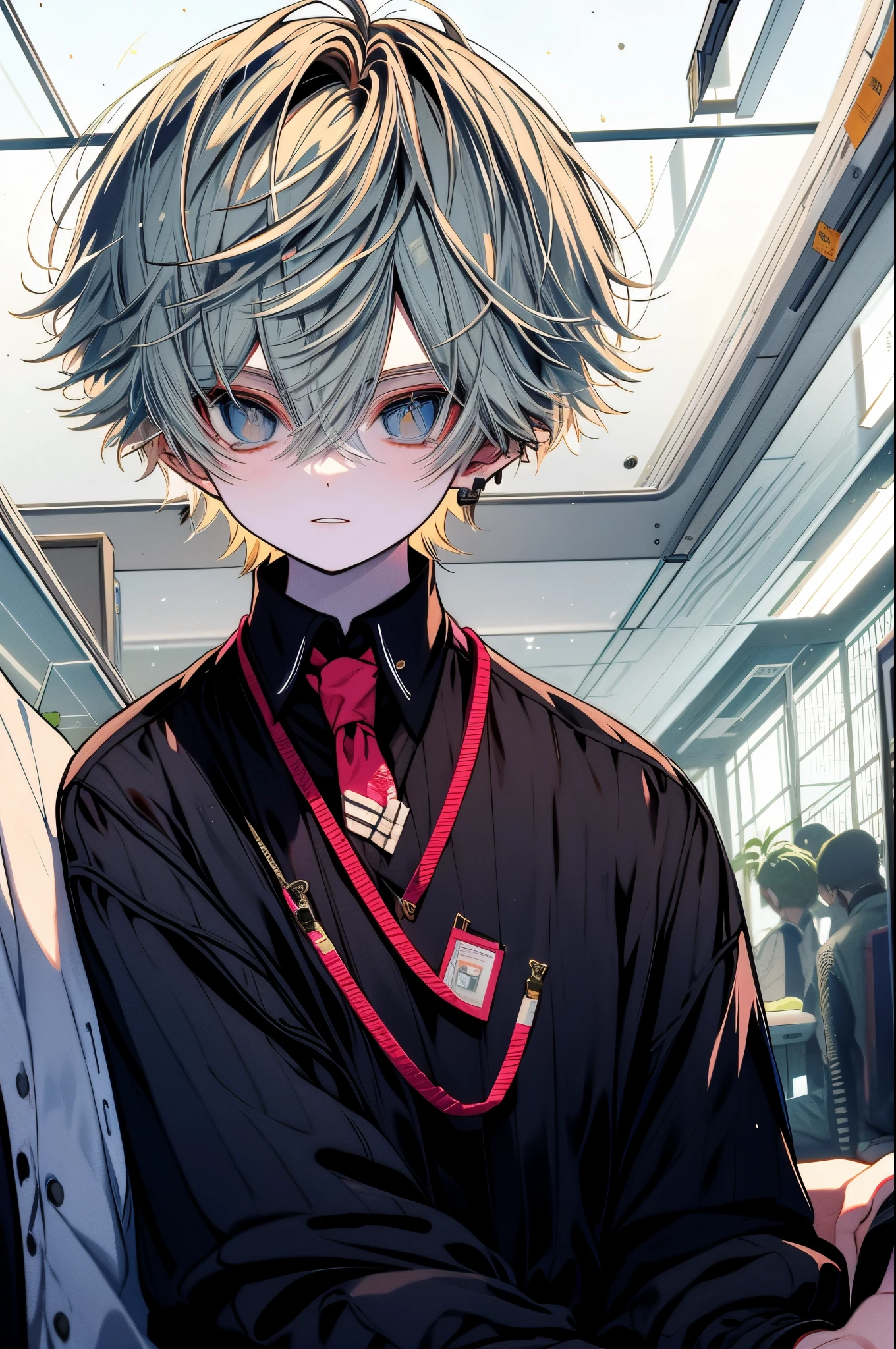 kpop boy, blond hair, necktie, on office with a computer, proper seating, near glass window view