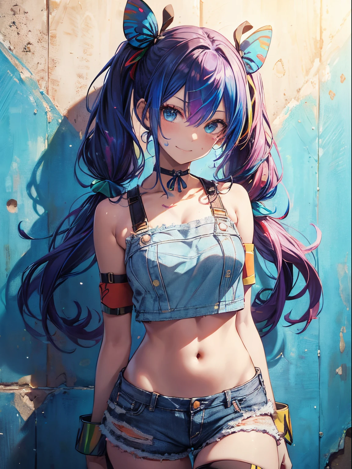 goggles（1.5）（Wear goggles on your head）、(masutepiece:1.3), (8K, Photorealistic, Raw photo, Best Quality: 1.4), Beautiful face, (Realistic face), Beautiful detailed eyes, (Realistic skin), Attractive, Intricate details,Golden ratio, 1 girl,Naughty smile, (rainbow hair:1.4),((Long twintails,Ribbon 1.4)),(Blue butterfly hair ornament), croptop, Denim shorts, a choker, (doodle:1.5), Paint Splatter, arms behind back, Hitting a wall, Look at viewers, Armbands, Thigh strap, Paint on the body, tilt of the head, tedium,